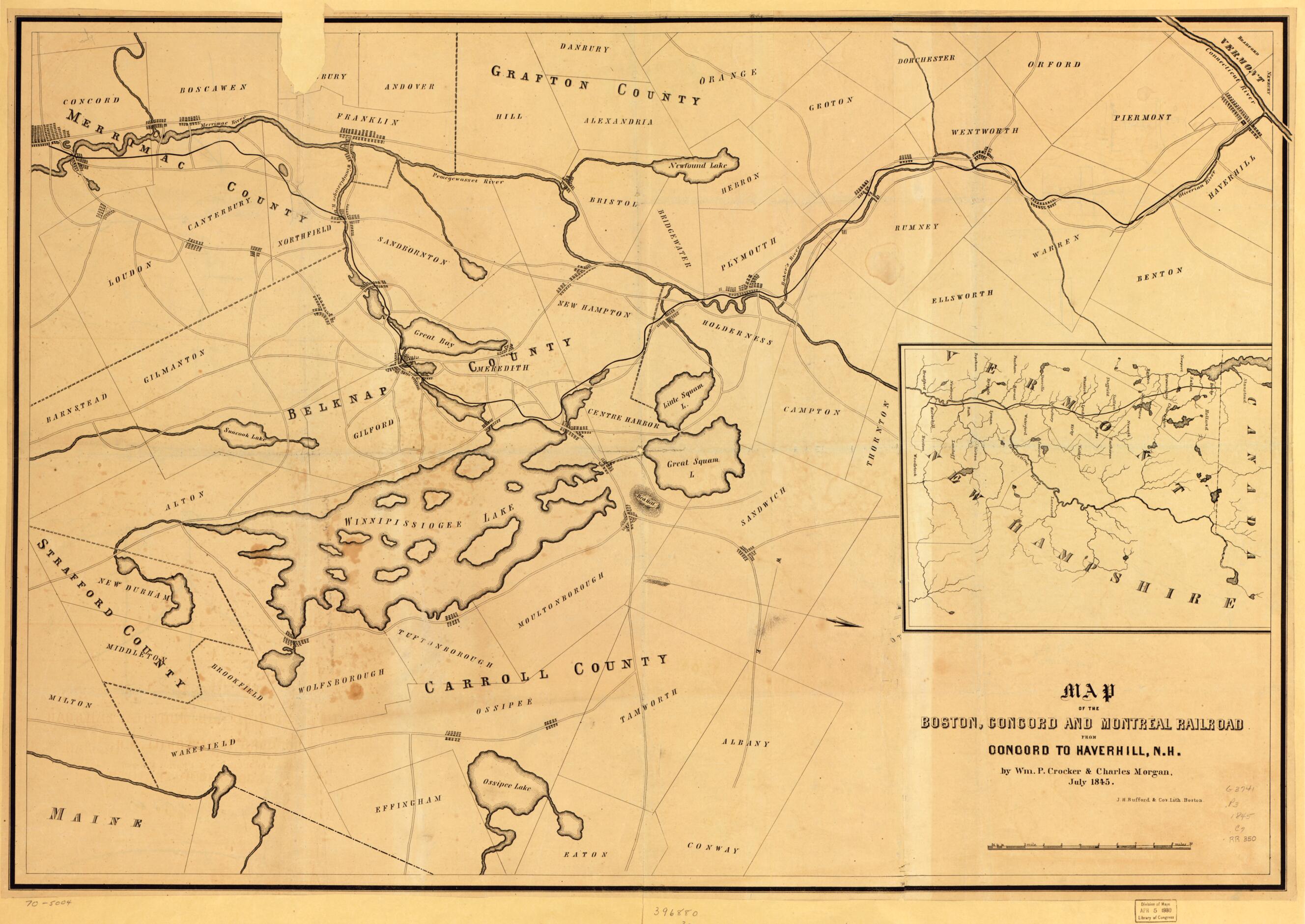 This old map of Map of the Boston, Concord and Montreal Railroad from Concord to Haverhill, New Hampshire from 1845 was created by William P. Crocker, J.H. Bufford & Co, Charles Morgan in 1845
