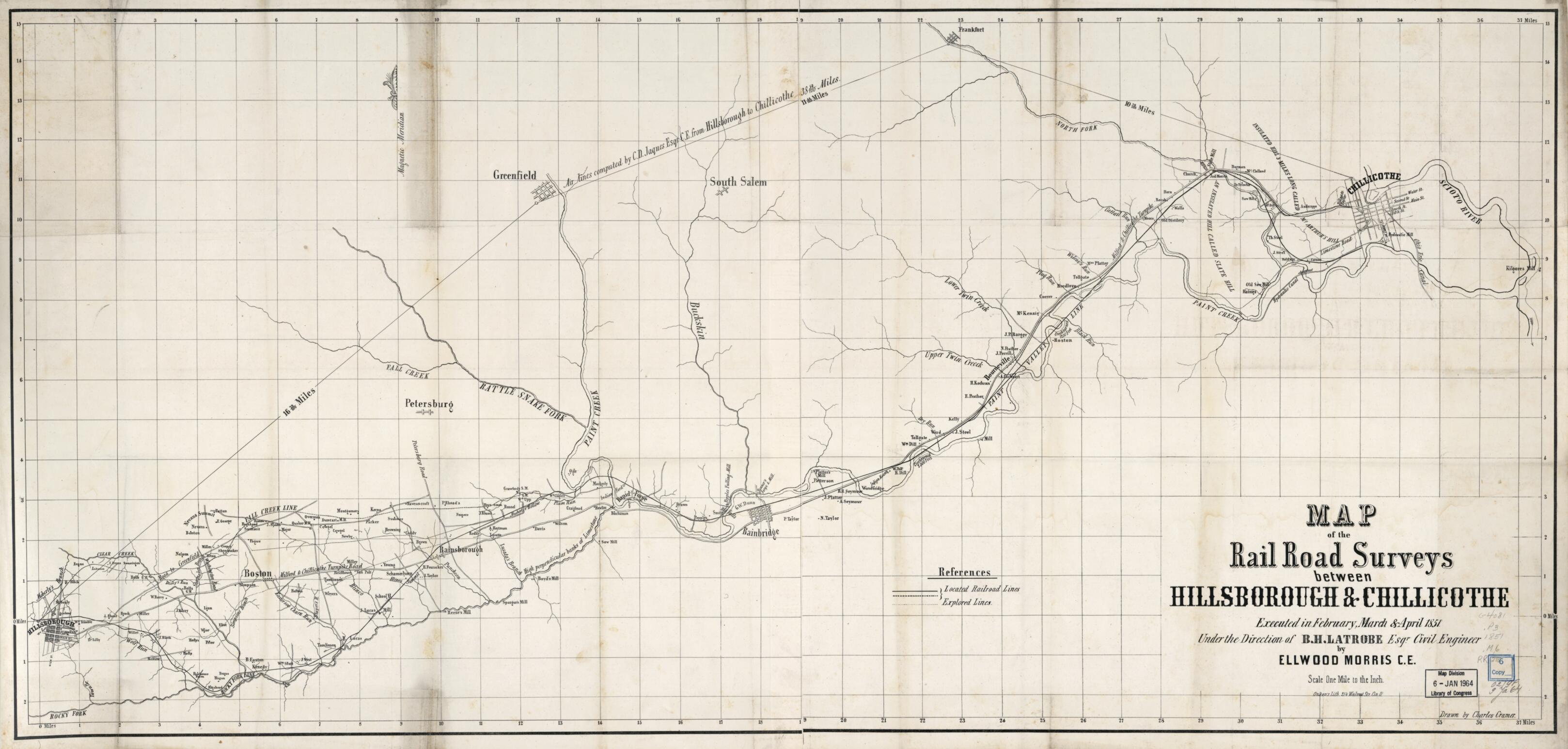 This old map of Map of the Rail Road Surveys Between Hillsborough & Chillicothe. Executed In February, March & April from 1851 Under the Direction of B. H. Latrobe, Civil Engineer was created by Charles Cramer, Ellwood Morris, Onken&