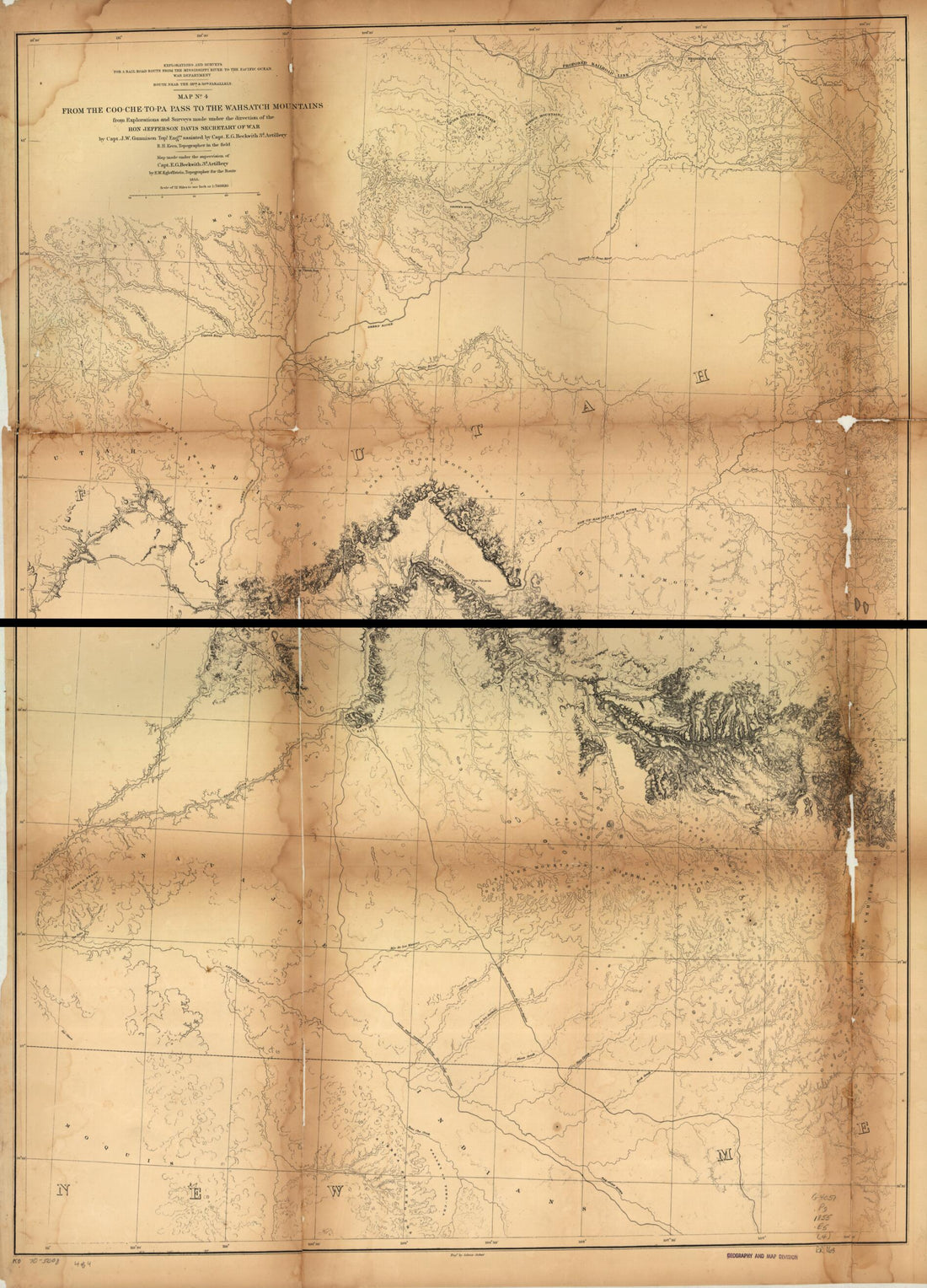 This old map of Explorations and Surveys for a Rail Road Route from the Mississippi River to the Pacific Ocean. Route Near the 38th & 39th Parallels from 1855 was created by E. G. (Edward Griffin) Beckwith, Jefferson Davis, F. W. Egloffstein, J. W. (John