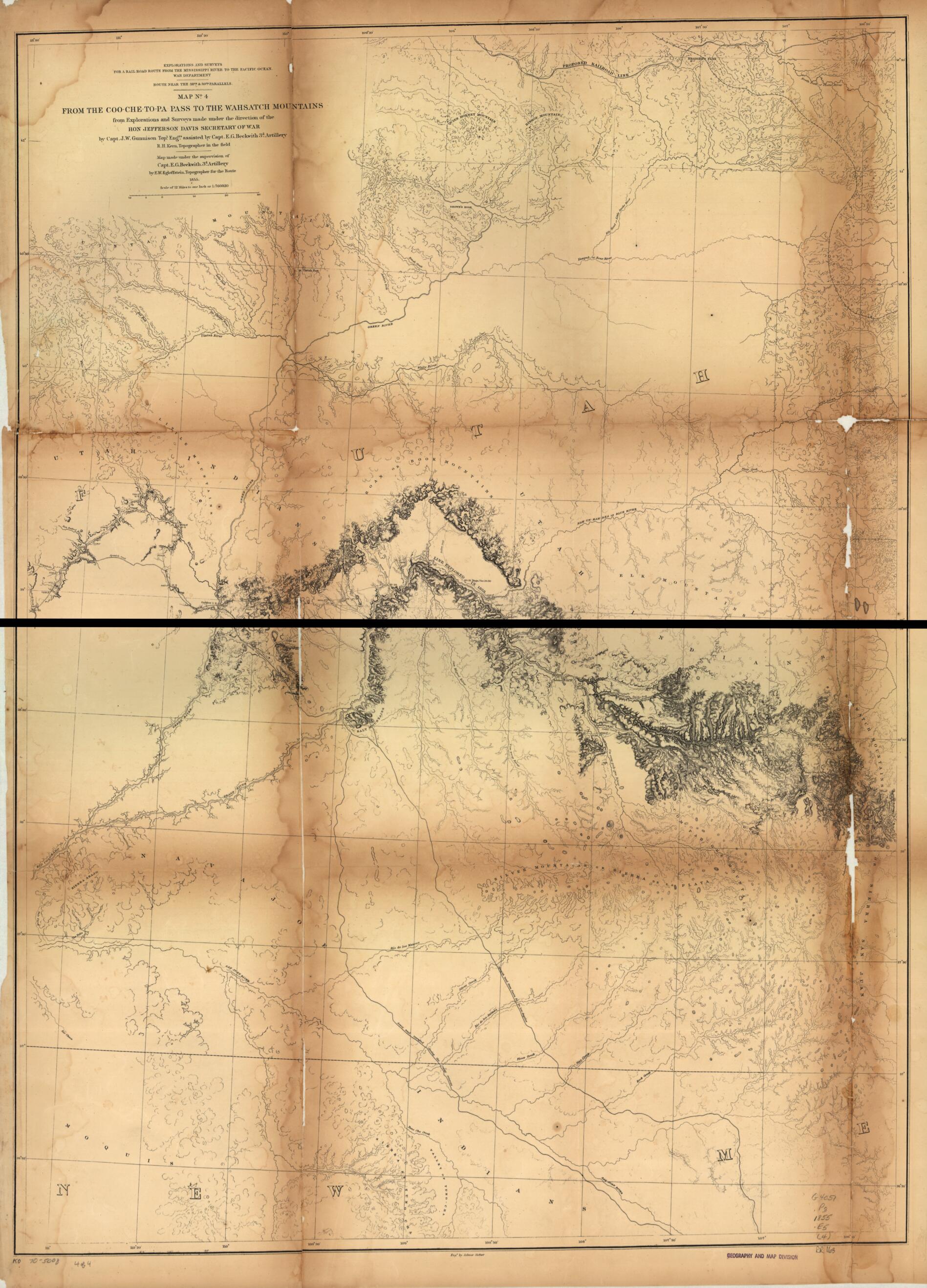 This old map of Explorations and Surveys for a Rail Road Route from the Mississippi River to the Pacific Ocean. Route Near the 38th & 39th Parallels from 1855 was created by E. G. (Edward Griffin) Beckwith, Jefferson Davis, F. W. Egloffstein, J. W. (John