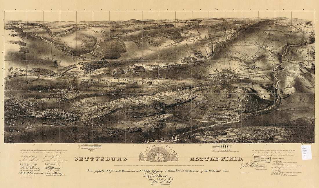 This old map of Gettysburg Battlefield. Battle Fought at Gettysburg, Pennsylvania July 1st, 2d & 3d from 1863 by the Federal and Confederate Armies Commanded Respectively by Genl. G. G. Meade and Genl. Robert E. Lee. (field) was created by John B. (John