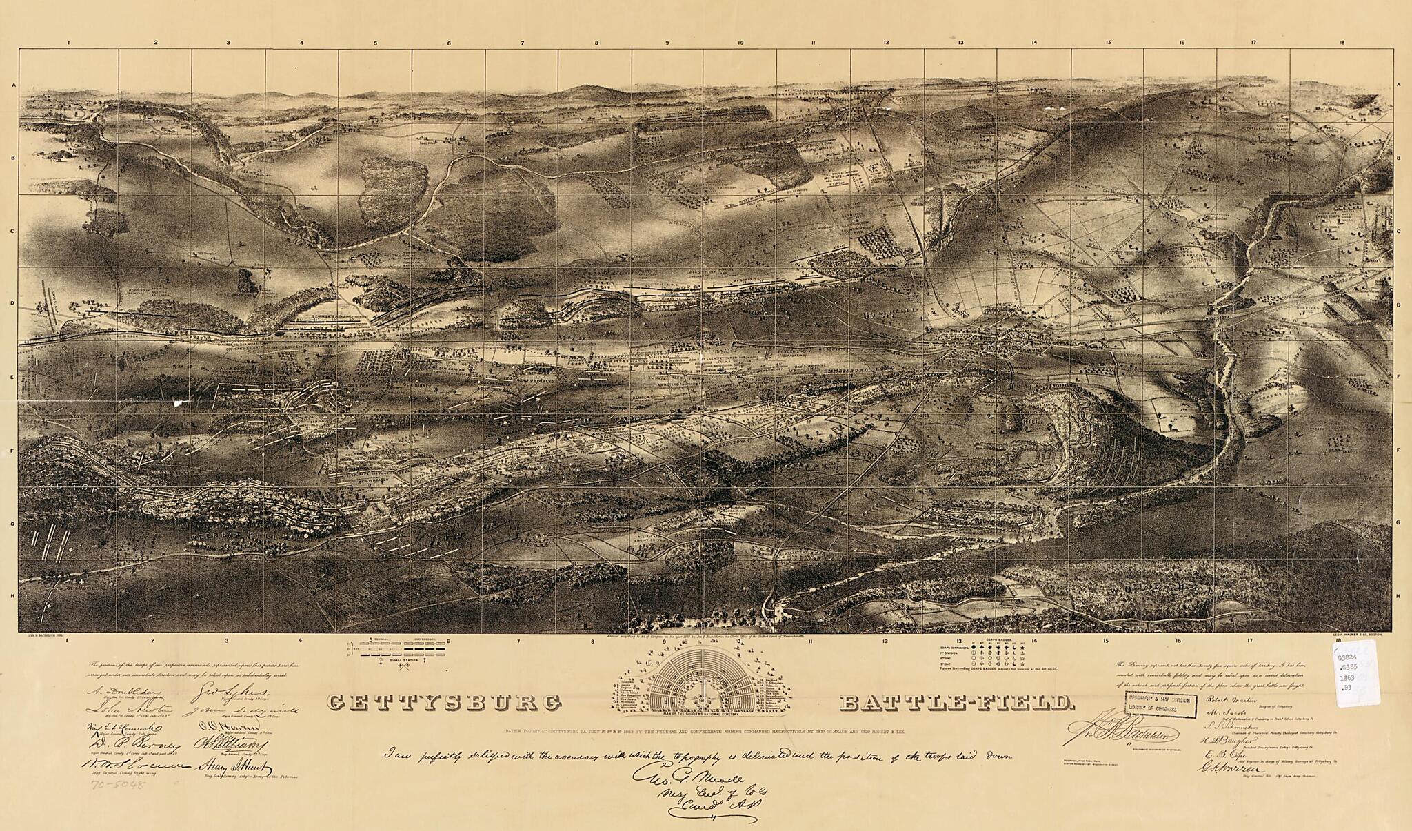 This old map of Gettysburg Battlefield. Battle Fought at Gettysburg, Pennsylvania July 1st, 2d & 3d from 1863 by the Federal and Confederate Armies Commanded Respectively by Genl. G. G. Meade and Genl. Robert E. Lee. (field) was created by John B. (John