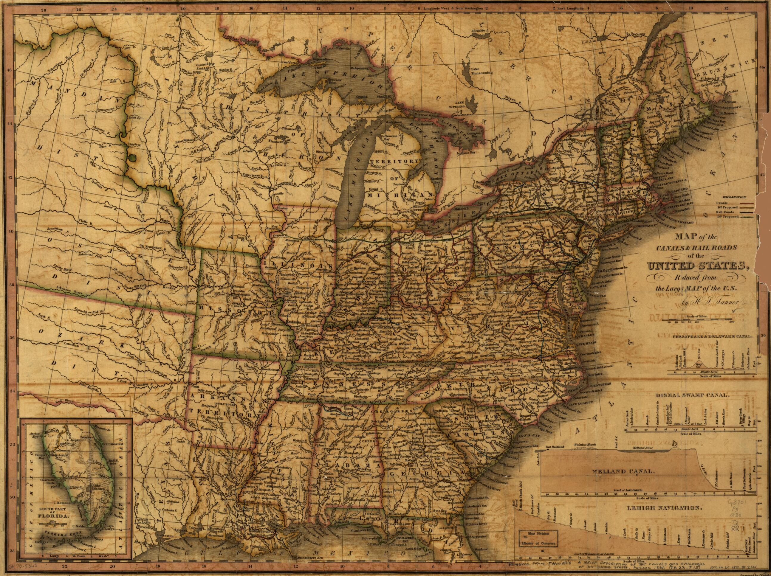 This old map of Map of the Canals & Rail Roads of the United States Reduced from the Large Map of the U.S from 1830 was created by J. W. Knight, Henry Schenck Tanner in 1830