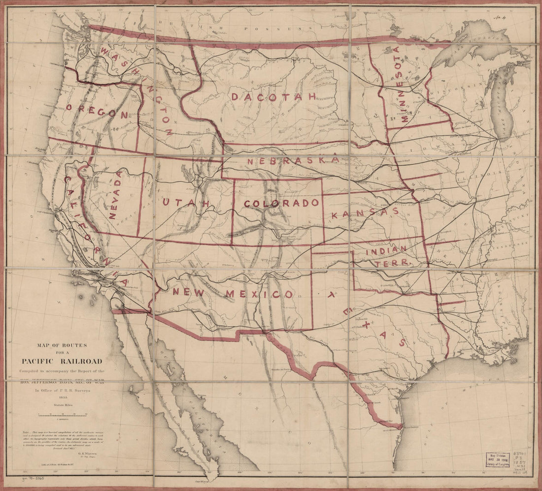This old map of Map of Routes for a Pacific Railroad, Compiled to Accompany the Report of the Hon. Jefferson Davis, Sec. of War from 1855 was created by Julius Bien, Jefferson Davis, Millard Fillmore, United States. War Department, G. K. (Gouverneur Kem