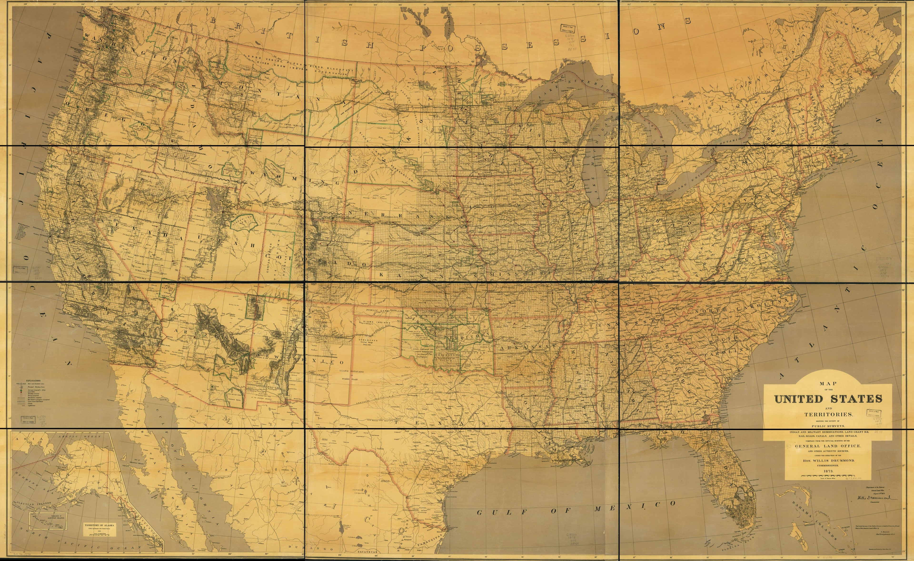 This old map of Map of the United States and Territories Showing the Extent of Public Surveys, Indian and Military Reservations, Land Grant R.R.; Rail Roads, Canals, and Other Details from 1873 was created by United States. General Land Office in 1873