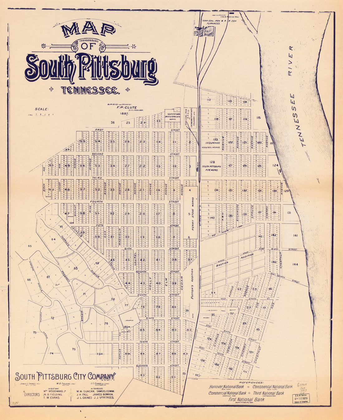 This old map of Map of South Pittsburg, Tennessee from 1887 was created by F. P. Clute, South Pittsburg City Company in 1887