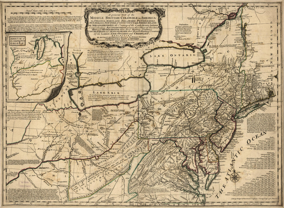Jersey, New-York, Connecticut, and Rhode-Island: of Aquanishuonîgy the Country of the Confederate Indians Comprehending Aquanishuonigy Proper, Their Places of Residence, Ohio and Thuchsochruntie Their Deer Hunting Countries, Couchsachrage and Skaniad... by Relic Map Company