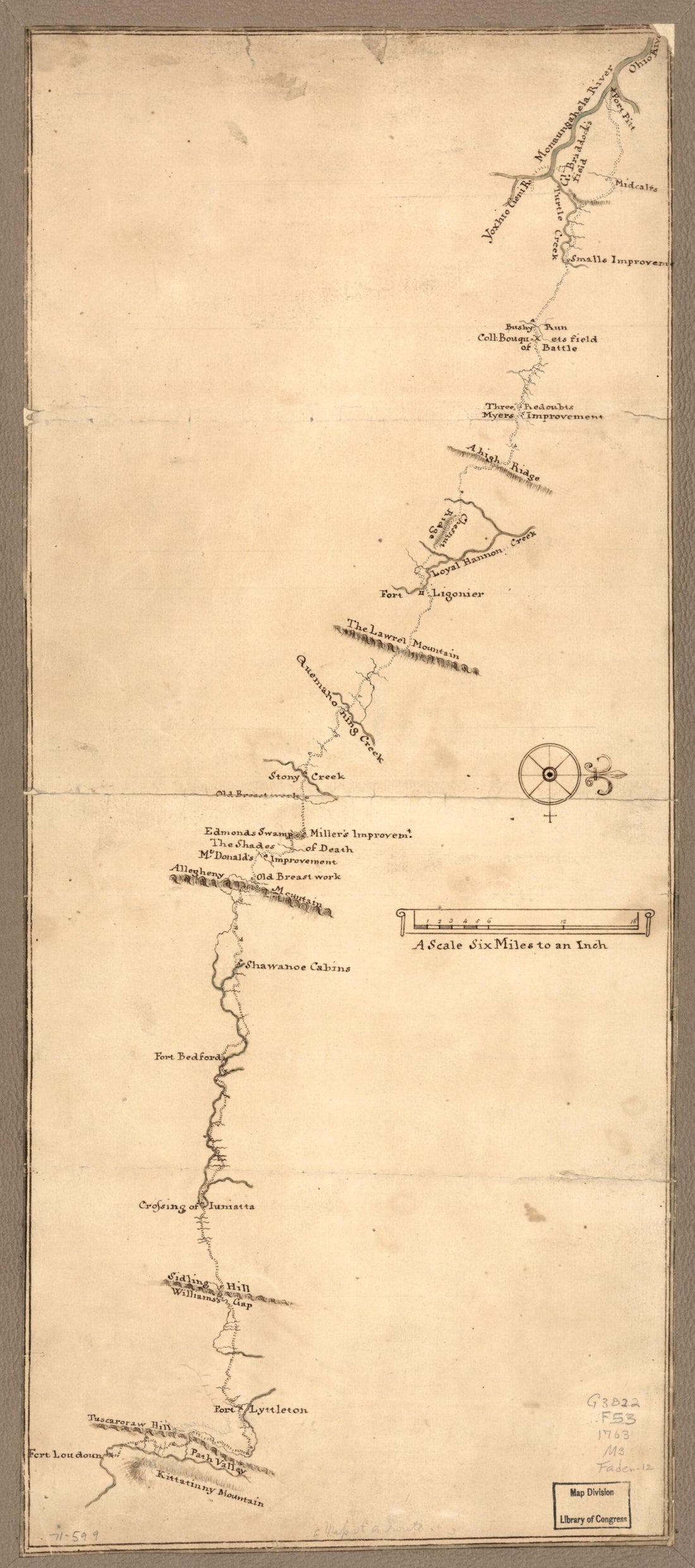 This old map of Map of a Route Through South West Pennsylvania from Fort Loudon, Franklin Co. to Fort Pitt, Pittsburgh from 1763 was created by in 1763
