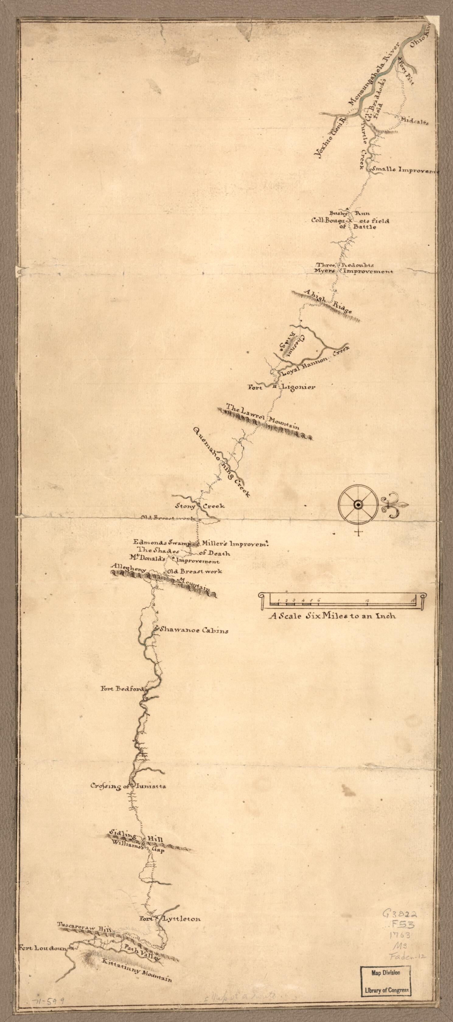 This old map of Map of a Route Through South West Pennsylvania from Fort Loudon, Franklin Co. to Fort Pitt, Pittsburgh from 1763 was created by in 1763