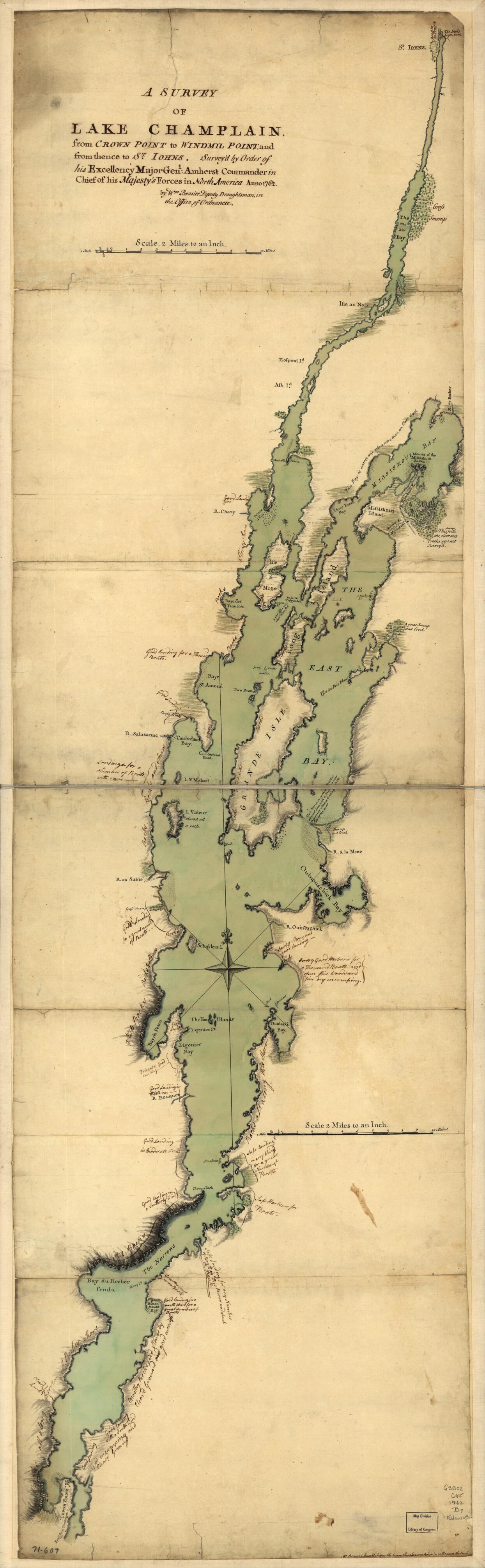 This old map of A Survey of Lake Champlain, from Crown Point to Windmil Point, and from Thence to St. Iohns from 1762 was created by William Brasier in 1762