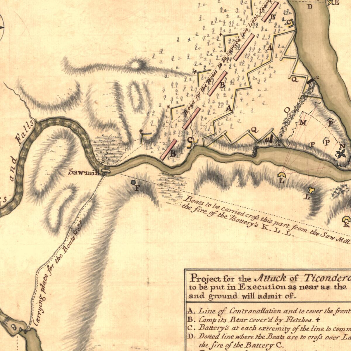 This old map of Project for the Attack of Ticonderoga, Proposed to Be Put In Execution As Near As the Circumstances and Ground Will Admit Of. May 29th. from 1759 was created by William Brasier in 1759