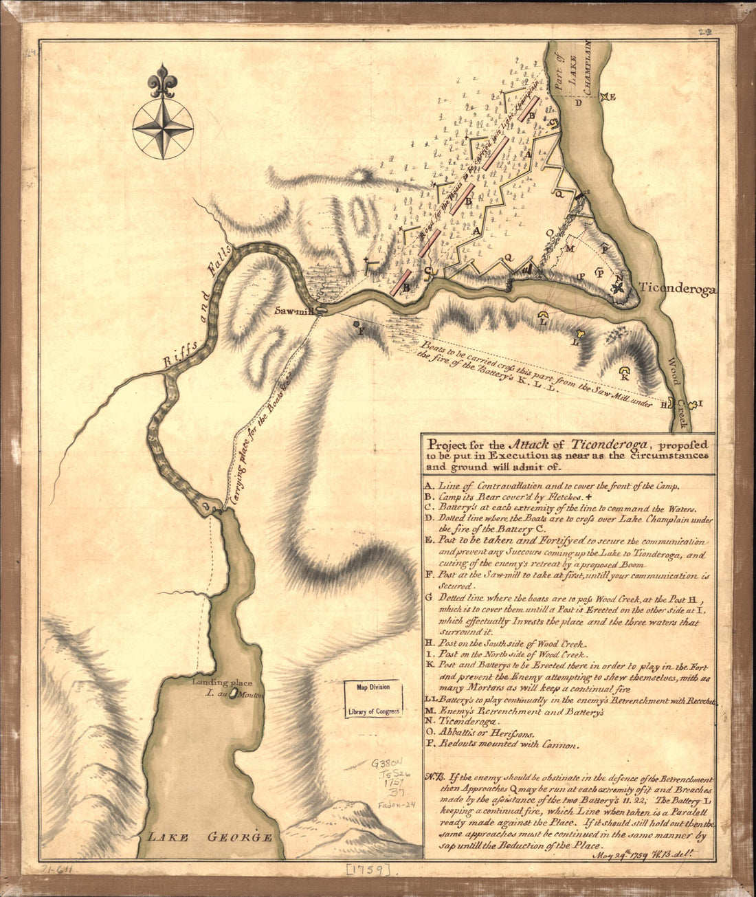 This old map of Project for the Attack of Ticonderoga, Proposed to Be Put In Execution As Near As the Circumstances and Ground Will Admit Of. May 29th. from 1759 was created by William Brasier in 1759