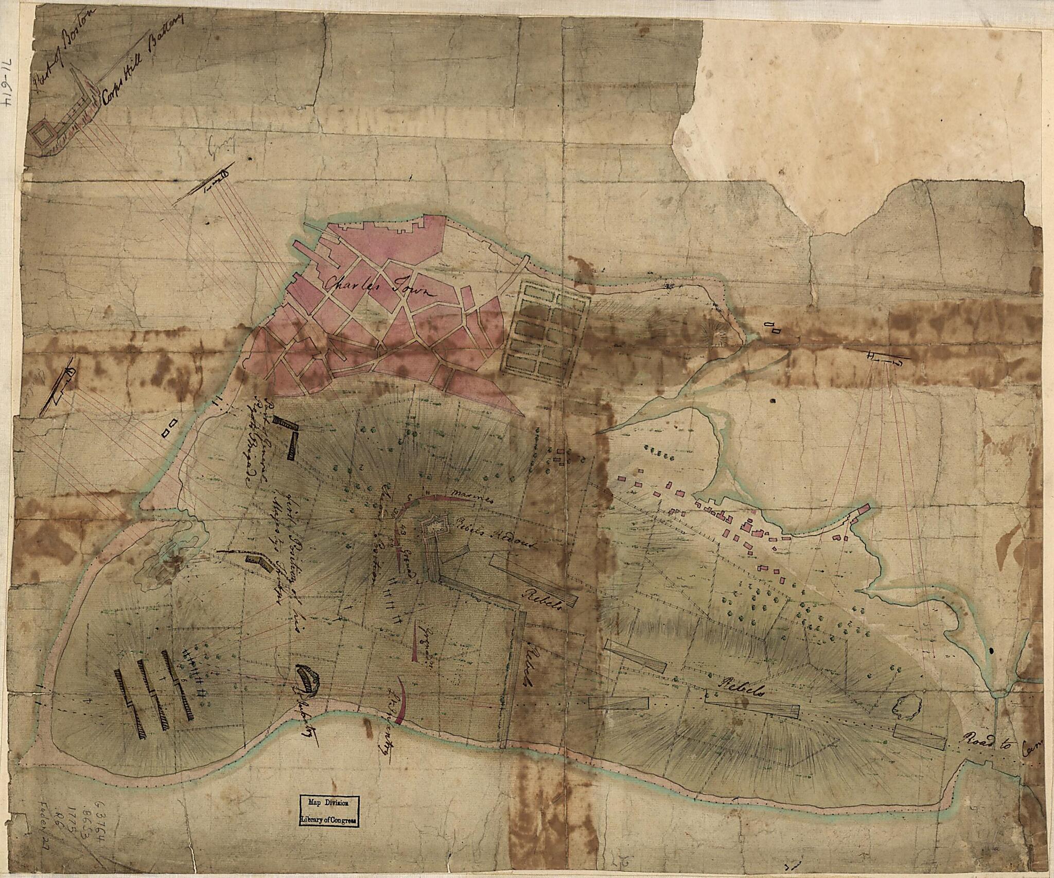 This old map of Rough Draft of Charlestown, In Water Colour from 1775 was created by in 1775