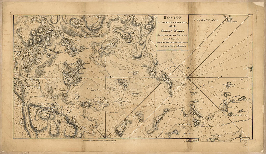 This old map of Boston, Its Environs and Harbour, With the Rebels Works Raised Against That Town In 1775 from 1778 was created by William Faden, John Montrésor, Thomas Hyde Page in 1778