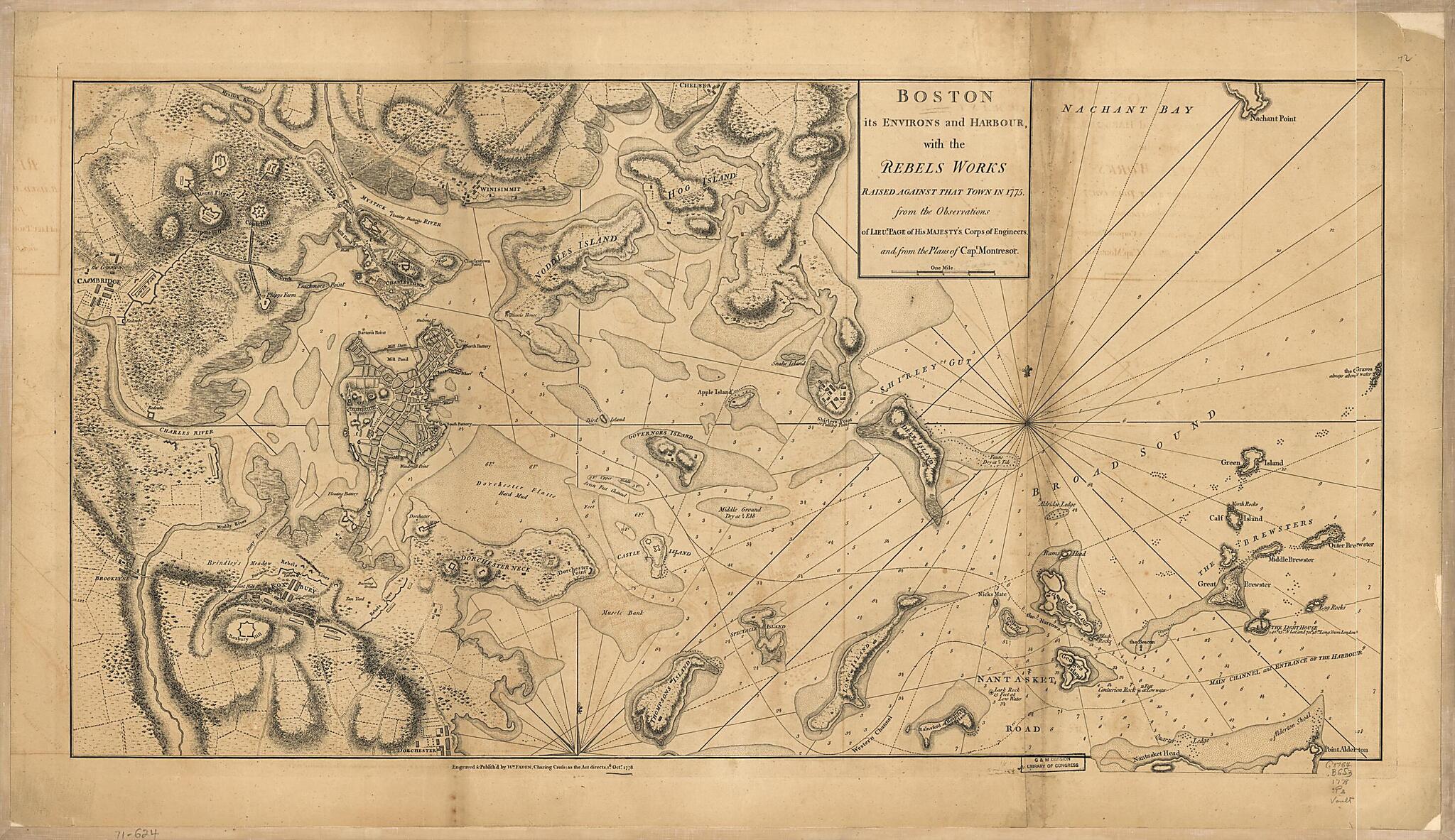 This old map of Boston, Its Environs and Harbour, With the Rebels Works Raised Against That Town In 1775 from 1778 was created by William Faden, John Montrésor, Thomas Hyde Page in 1778