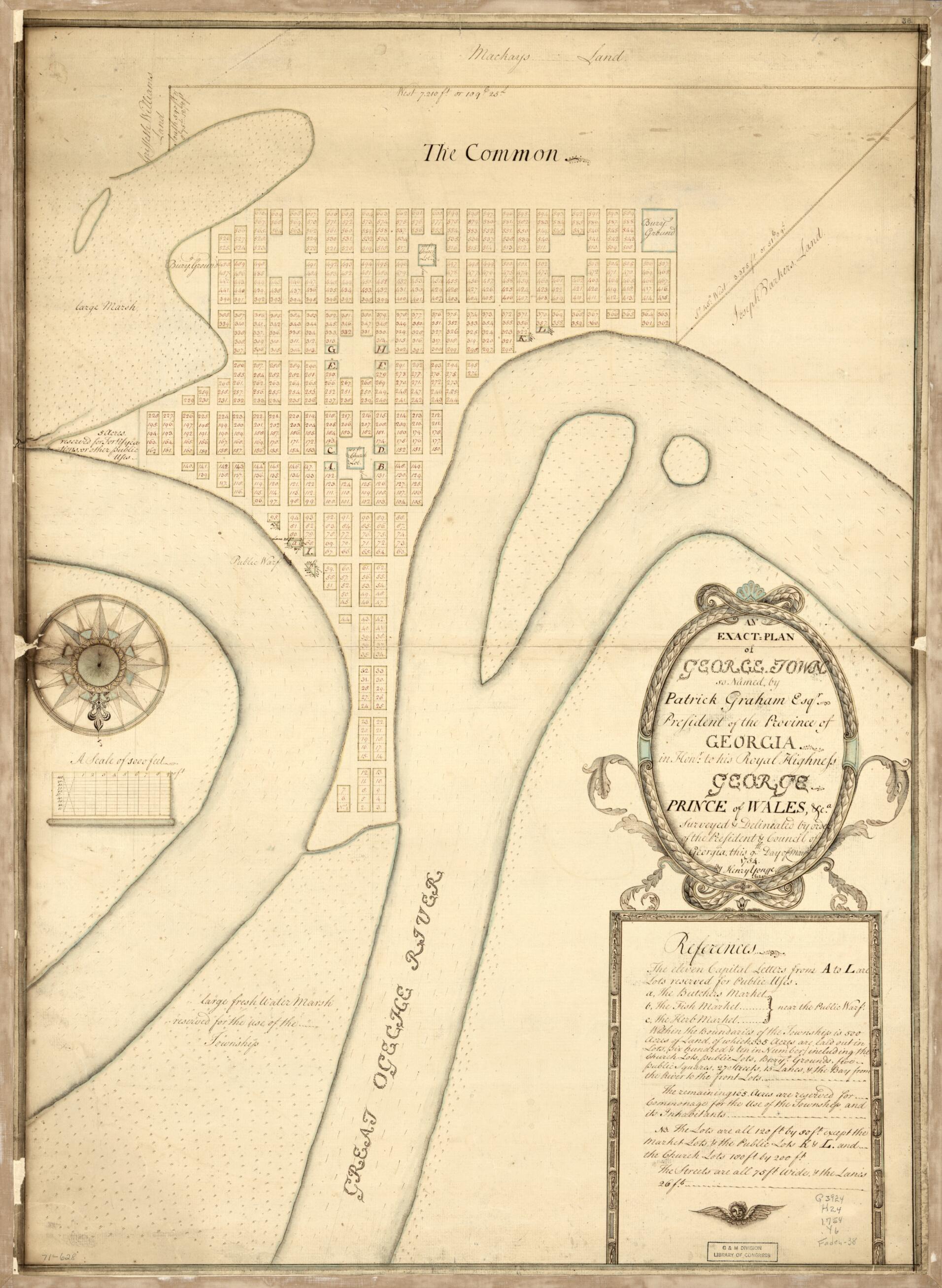 This old map of Plan of George-Town So Named by Patrick Graham, Esqr., President of the Province of Georgia, In Honr. to His Royal Highness George, Prince of Wales, &ca from 1754 was created by Henry Yonge in 1754