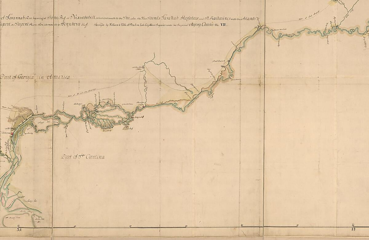 This old map of Bluff, Or Nexttobethell, Which Continueth to the Sea; Also, the Four Sounds Savañah, Warsaw, Hossabaw, and St. Katharines, With Their Islands; Likewise Neuport, Or Serpent River, from Its Mouth to Benjehova Bluff from 1752 was created by