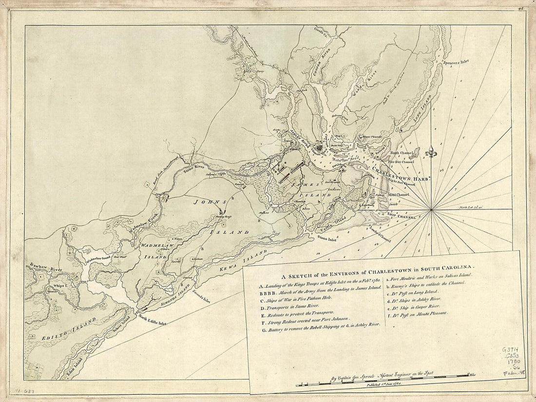 This old map of A Sketch of the Environs of Charlestown In South Carolina from 1780 was created by Geo. F. (George F.) Sproule in 1780