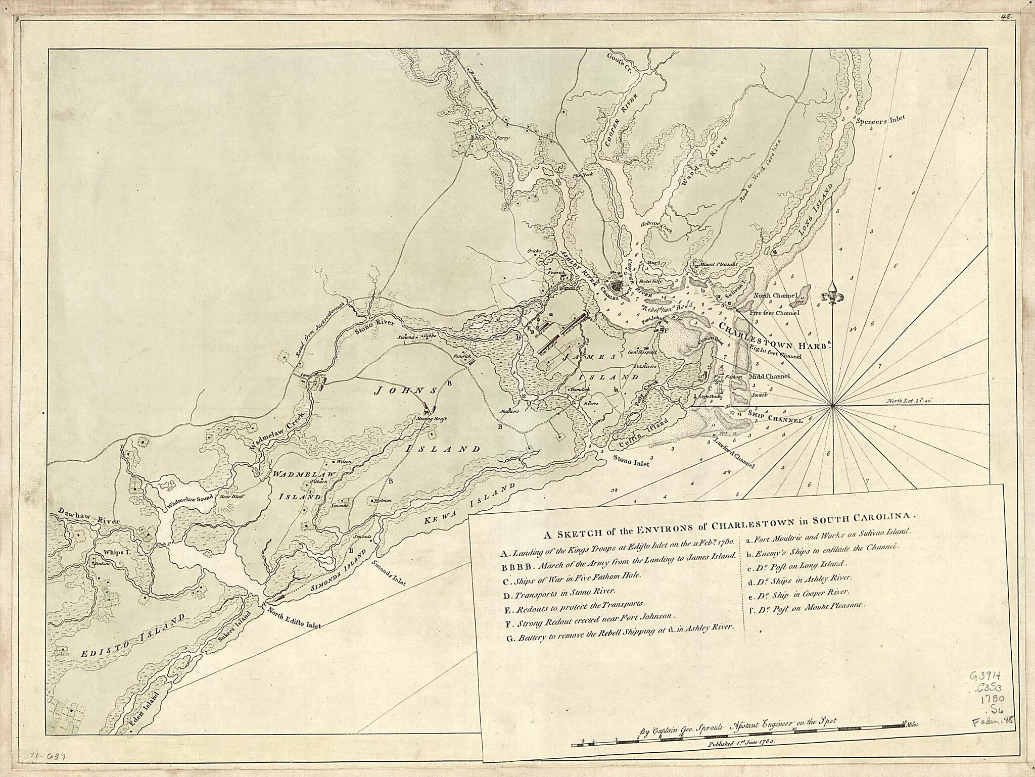 This old map of A Sketch of the Environs of Charlestown In South Carolina from 1780 was created by Geo. F. (George F.) Sproule in 1780