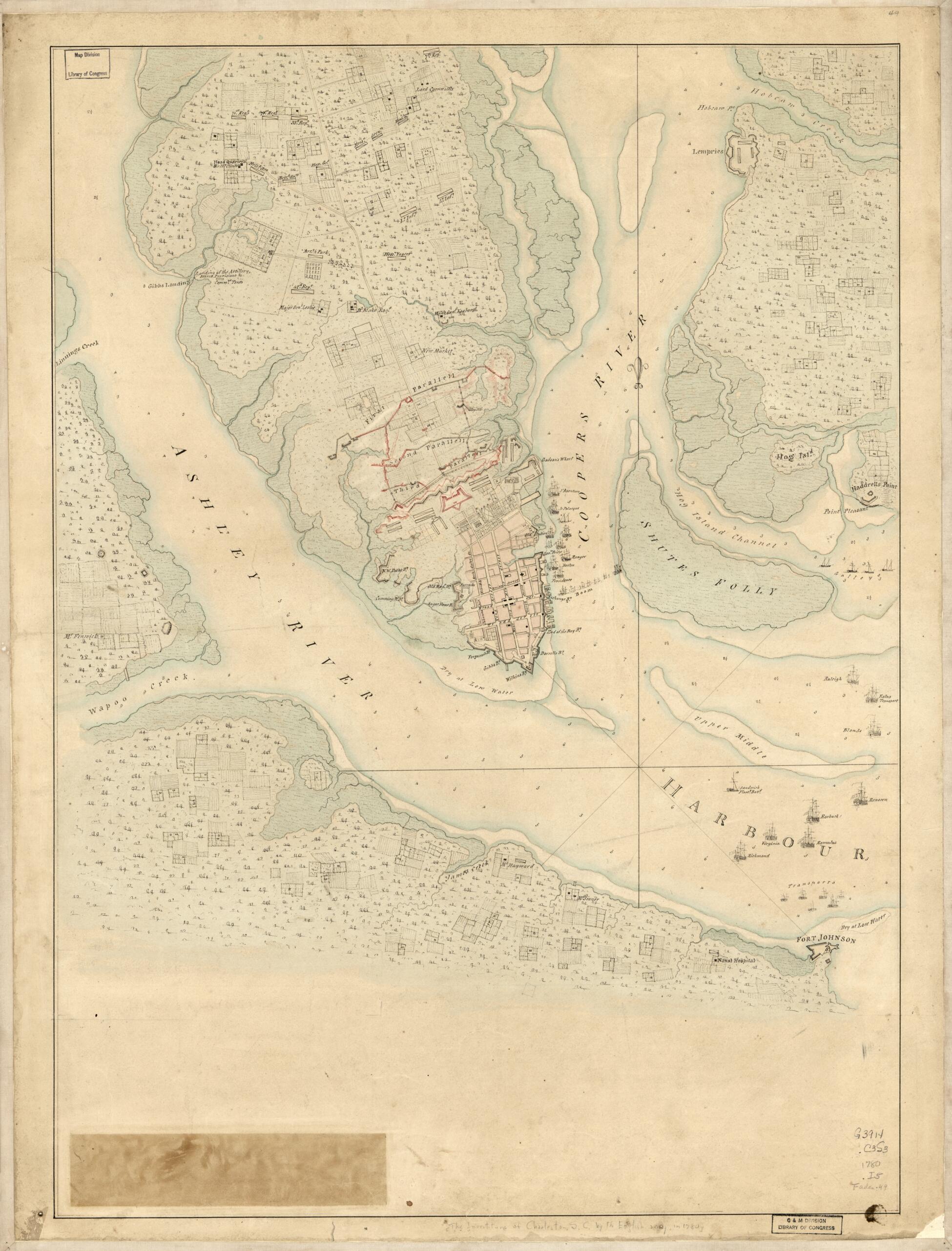 This old map of The Investiture of Charleston, S.C. by the English Army, In from 1780. With the Position of Each Corps was created by in 1780
