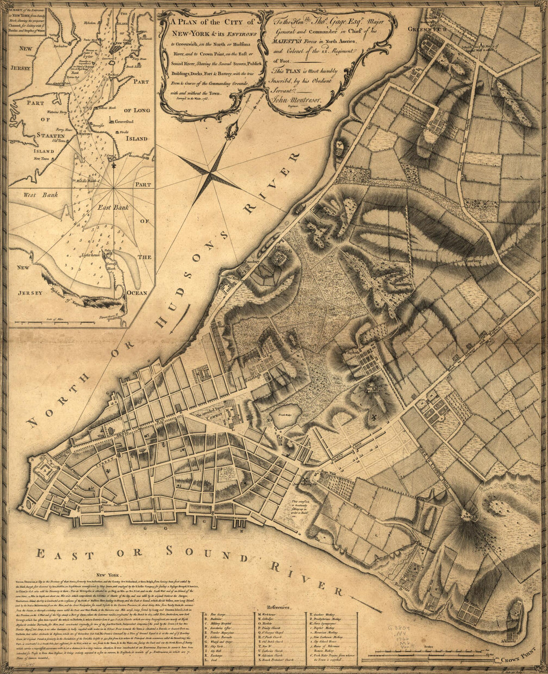 This old map of York & Its Environs to Greenwich, On the North Or Hudsons River, and to Crown Point, On the East Or Sound River, Shewing the Several Streets, Publick Buildings, Docks, Fort & Battery, With the True Form & Course of the Commanding Grounds,