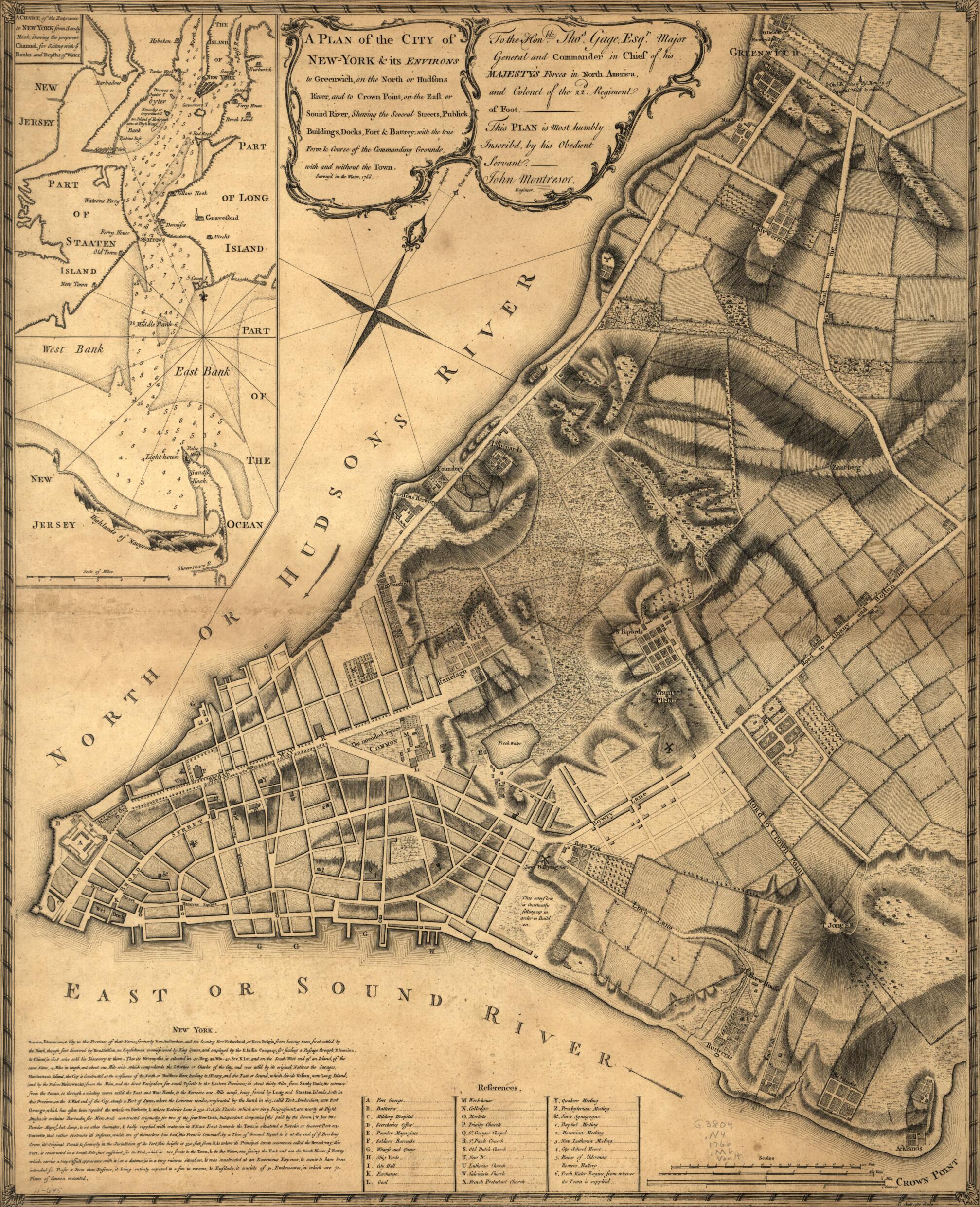 This old map of York & Its Environs to Greenwich, On the North Or Hudsons River, and to Crown Point, On the East Or Sound River, Shewing the Several Streets, Publick Buildings, Docks, Fort & Battery, With the True Form & Course of the Commanding Grounds,