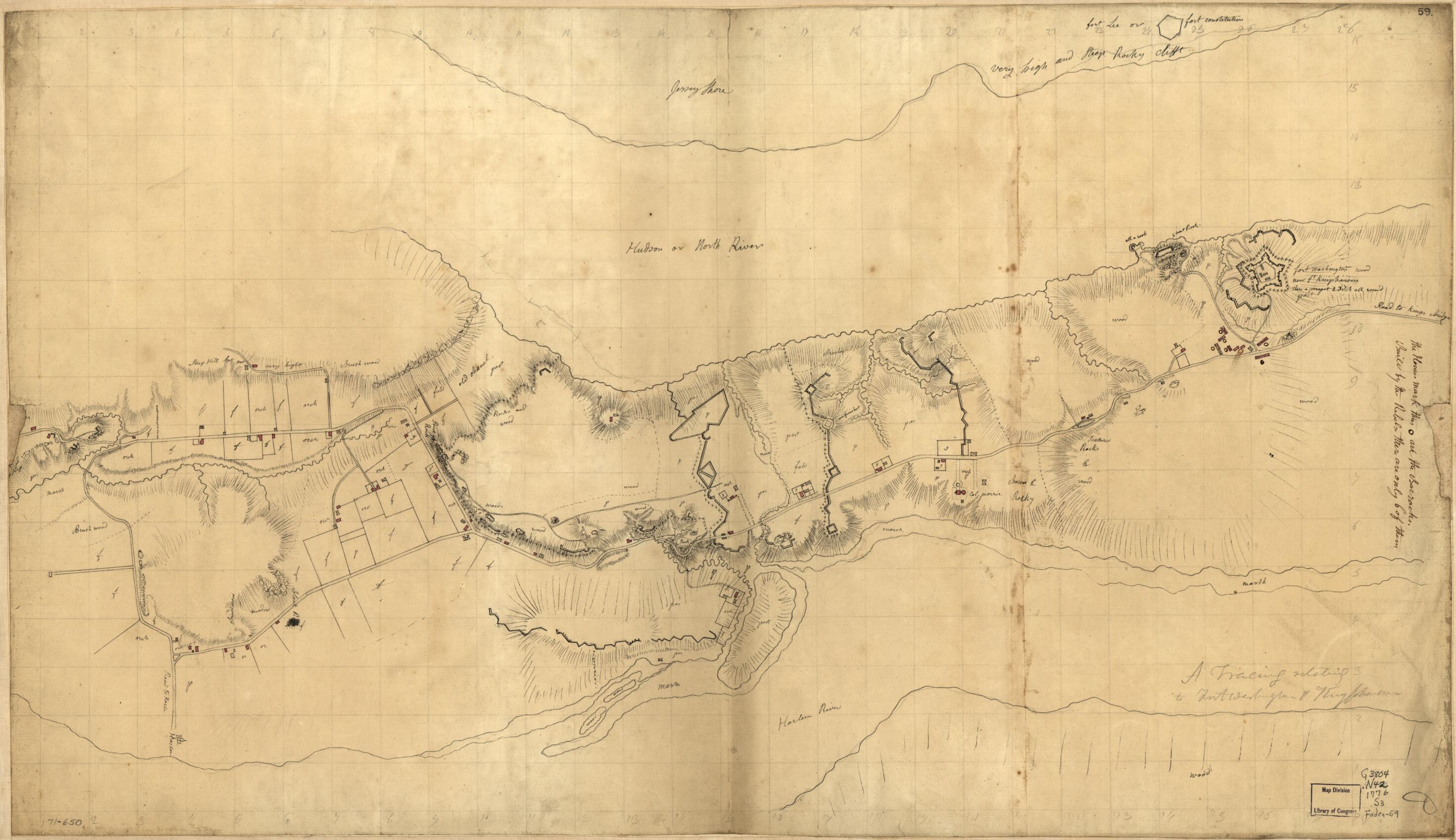 This old map of A Tracing Relating to Fort Washington Or Knyphausen from 1776 was created by Claude Joseph Sauthier in 1776