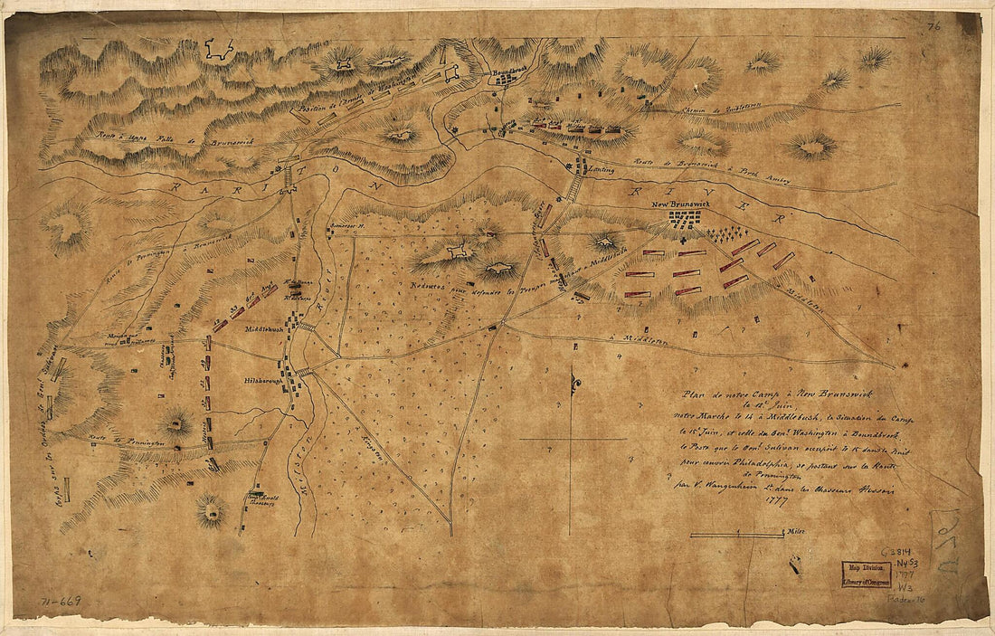 This old map of Plan De Notre Camp à New Brunswick Le 12e. Juin, Notre Marche Le 14 à Middlebush, La Situation Du Camp Le 15e Juin, Et Cette Du Genl. Washington à Boundbrook, Le Poste Que Le Genl. Sulivan Occupoit Le 15 Dans La Nuit Pour Courir Philad