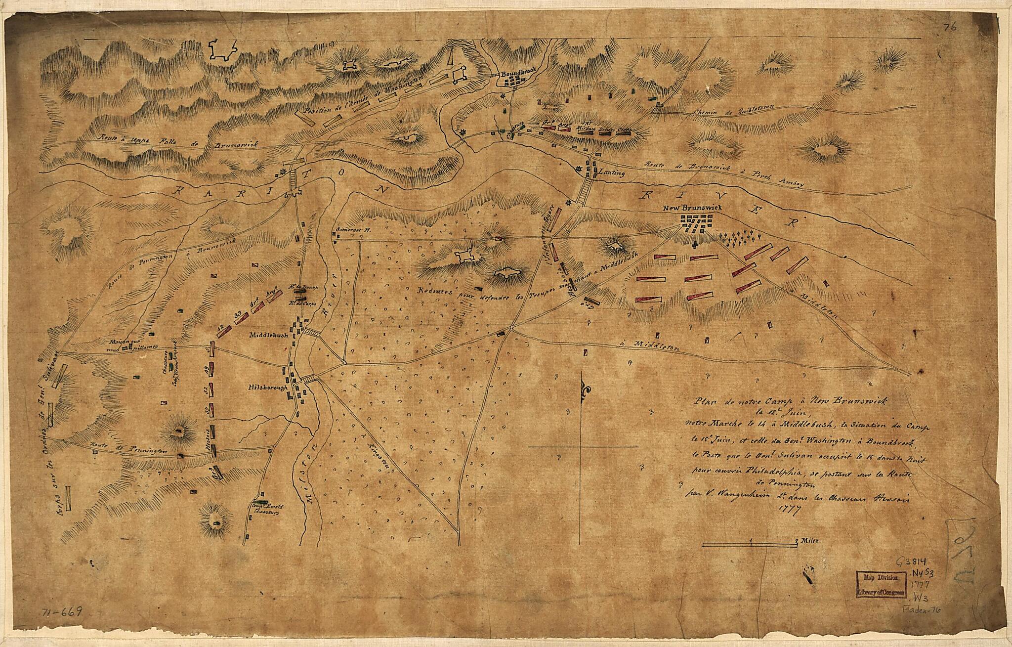 This old map of Plan De Notre Camp à New Brunswick Le 12e. Juin, Notre Marche Le 14 à Middlebush, La Situation Du Camp Le 15e Juin, Et Cette Du Genl. Washington à Boundbrook, Le Poste Que Le Genl. Sulivan Occupoit Le 15 Dans La Nuit Pour Courir Philad