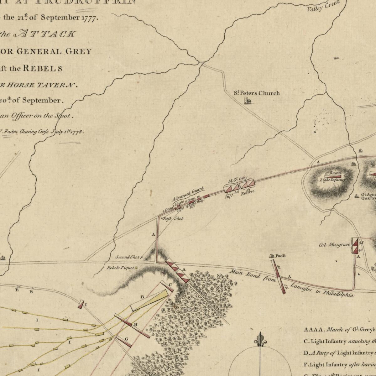 This old map of British Camp at Trudruffrin from the 18th. to the 21st. of September 1777, With the Attack Made by Major General Grey Against the Rebels Near White Horse Tavern On the 20th. of September from 1778 was created by  in 1778