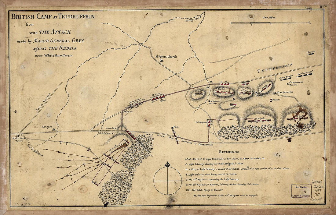 This old map of British Camp at Trudruffrin from sic With the Attack Made by Major General Grey Against the Rebels Near White Horse Tavern from 1777 was created by in 1777