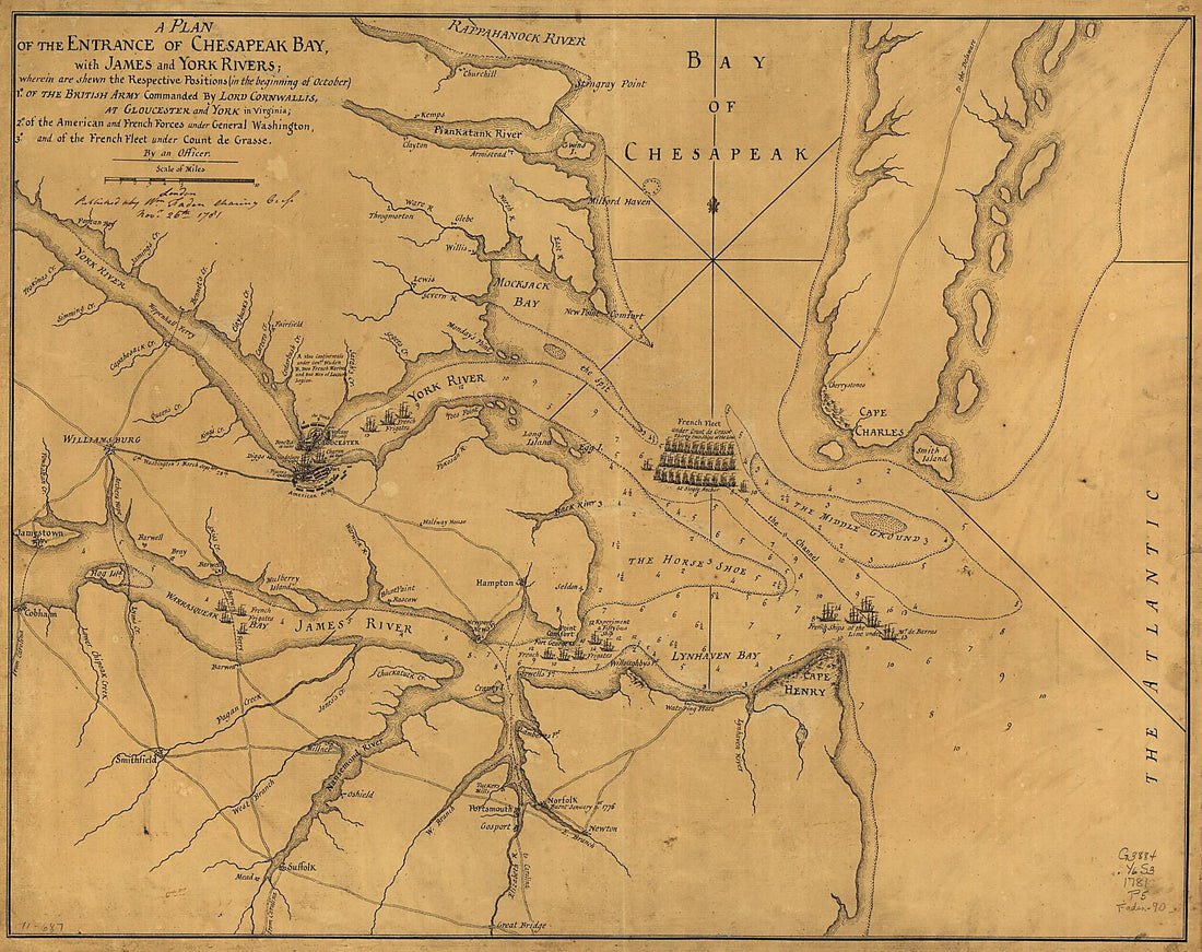 This old map of A Plan of the Entrance of Chesapeak sic Bay, With James and York Rivers; Wherein Are Shewn the Respective Positions (in the Beginning of October) 1. of the British Army Commanded by Lord Cornwallis, at Gloucester and York In Virginia; 2.