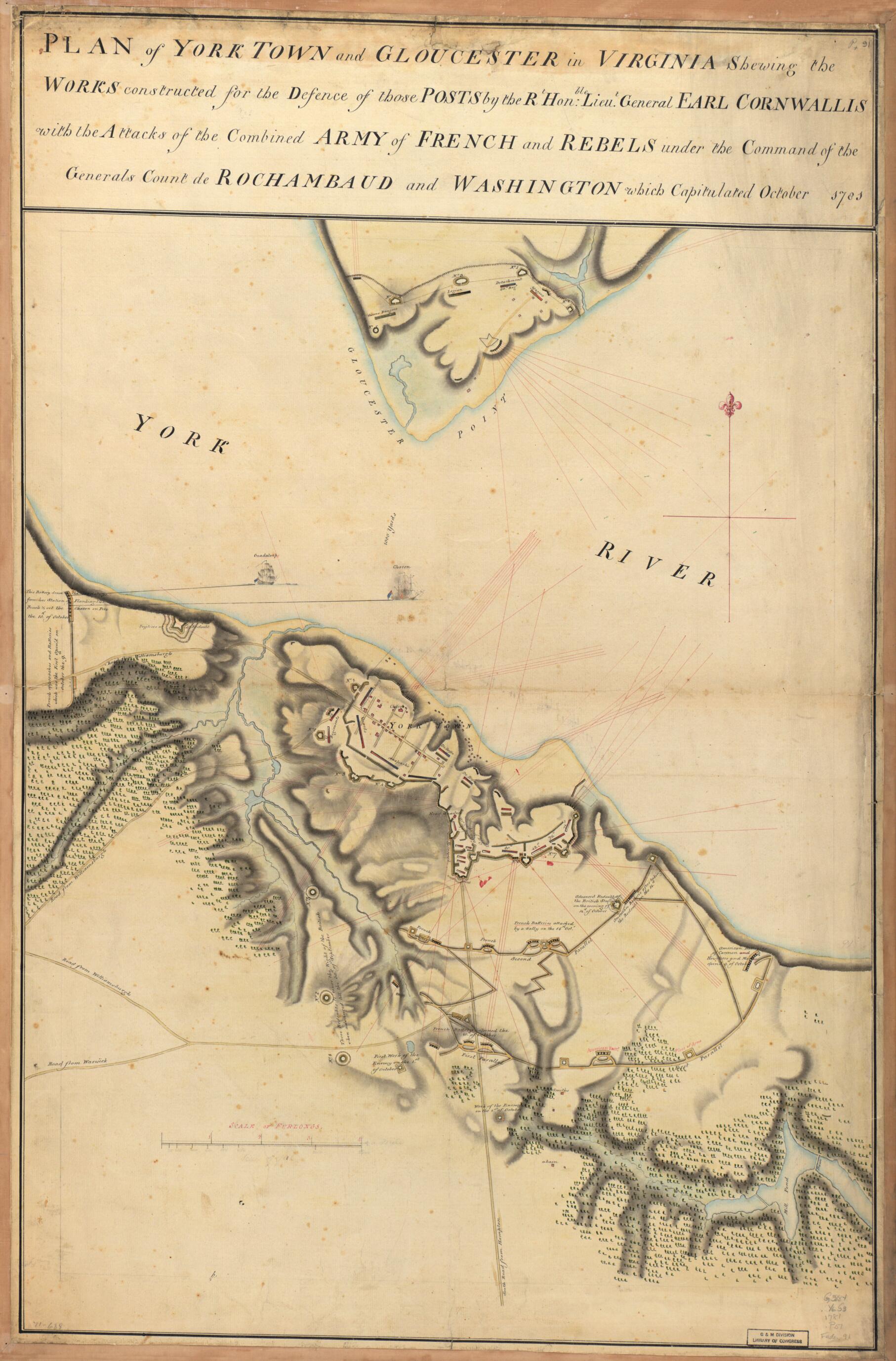 This old map of Plan of York Town and Gloucester In Virginia, Shewing the Works Constructed for the Defence of Those Posts by the Rt. Honble: Lieut. General Earl Cornwallis, With the Attacks of the Combined Army of French and Rebels Under the Command of