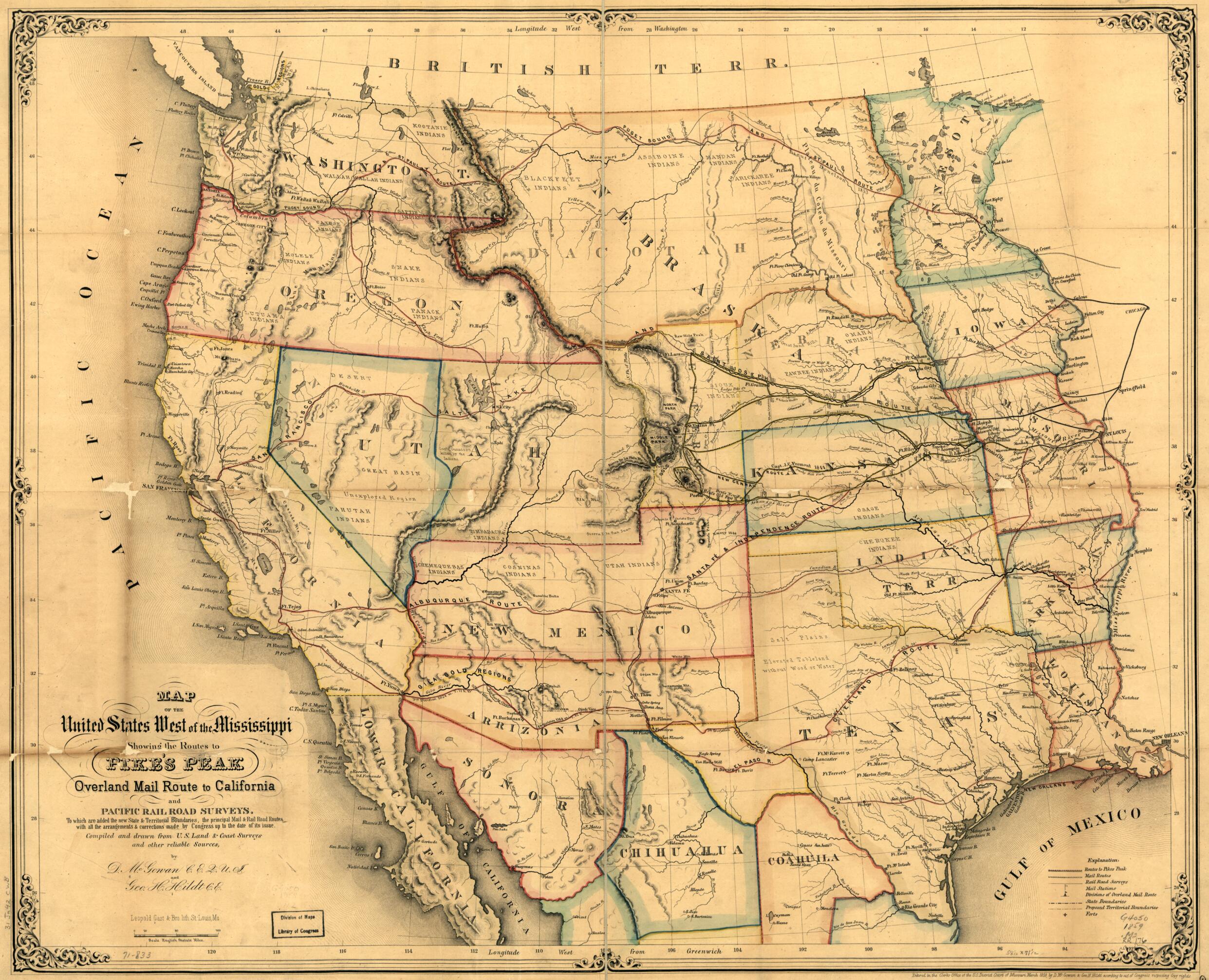 This old map of Map of the United States West of the Mississippi Showing the Routes to Pike&