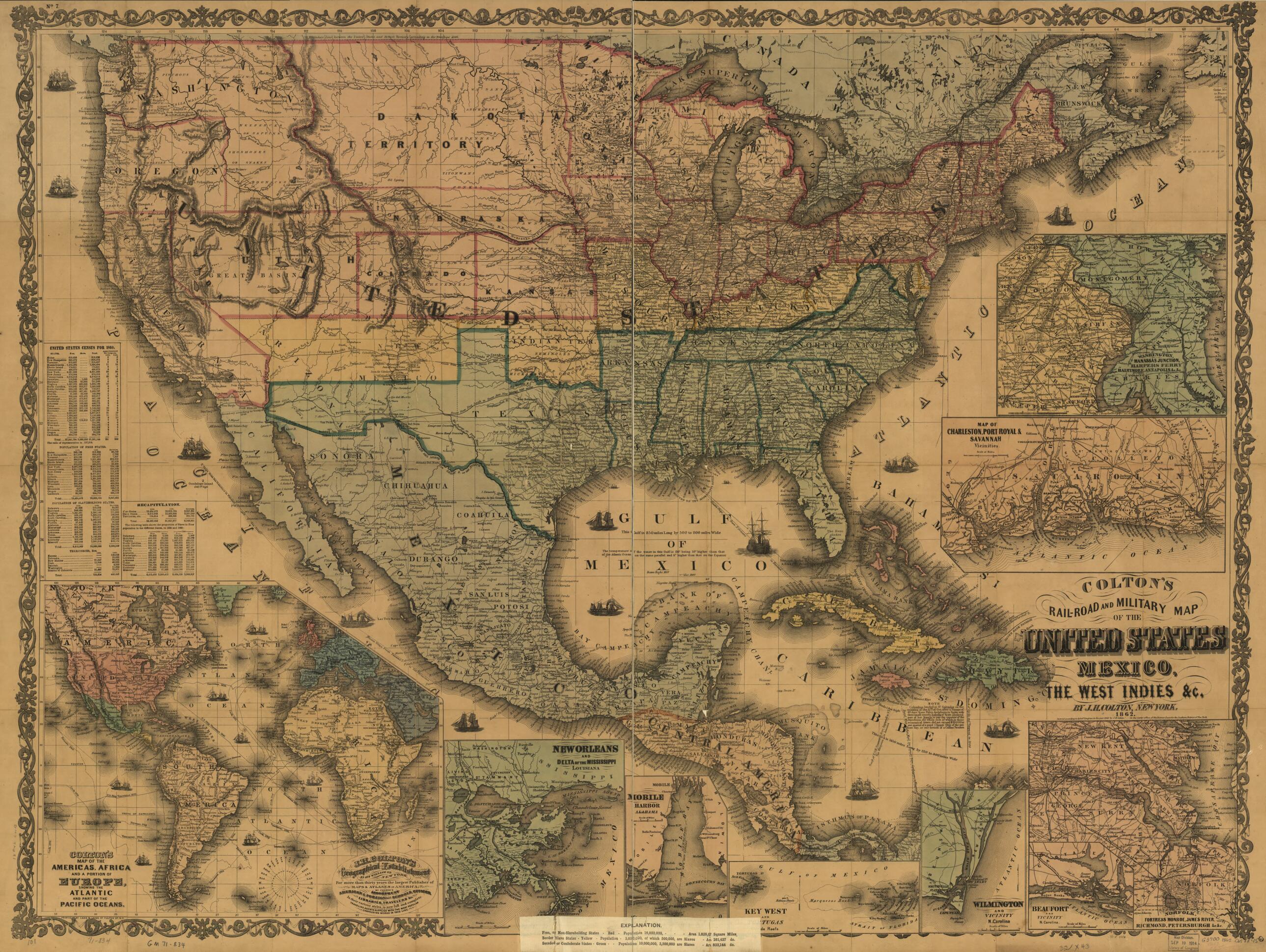 This old map of Road and Military Map of the United States, Mexico, the West Indies, &c from 1862 was created by J. H. (Joseph Hutchins) Colton in 1862