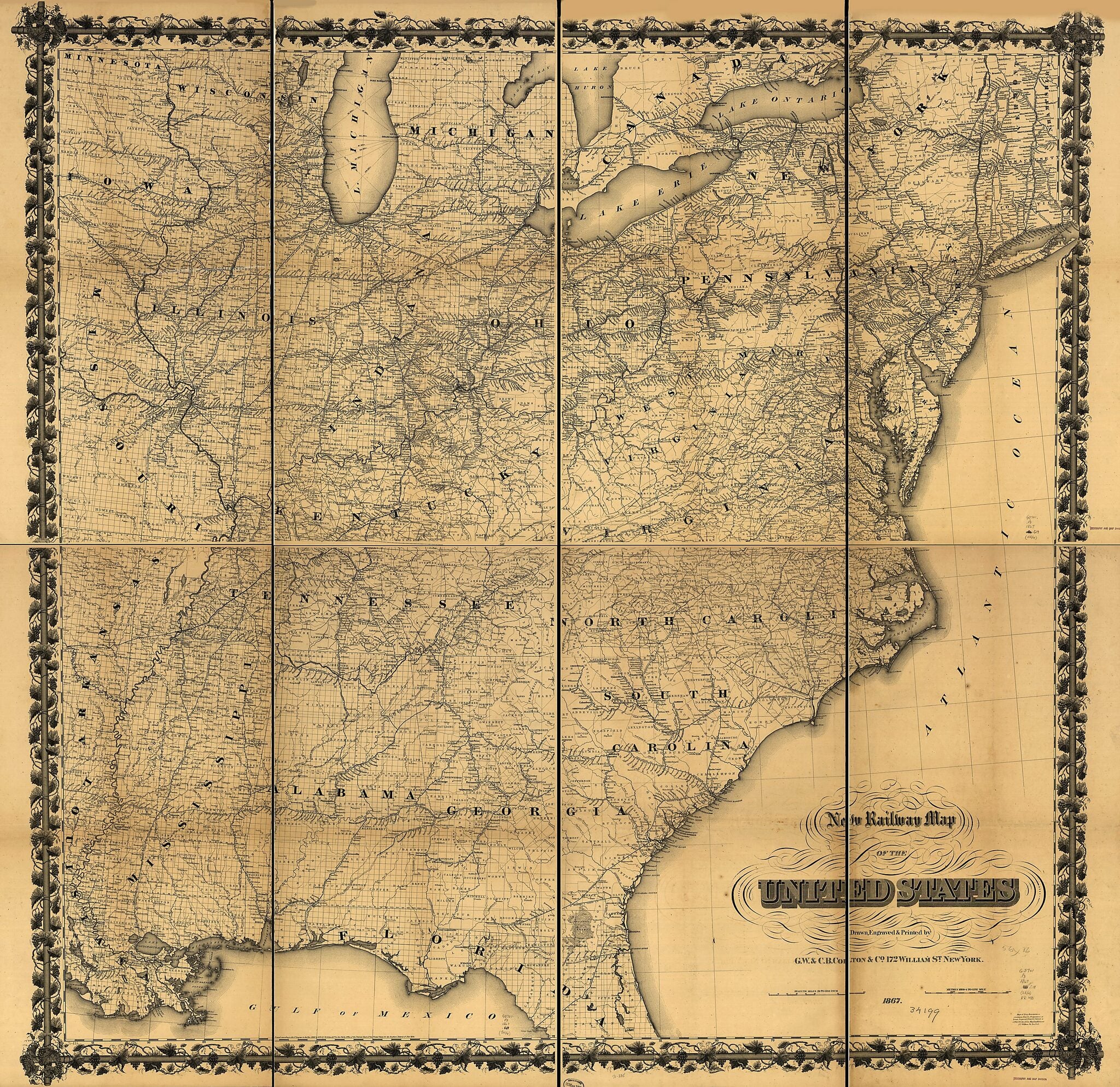 This old map of New Railway Map of the United States from 1867 was created by G.W. & C.B. Colton & Co in 1867