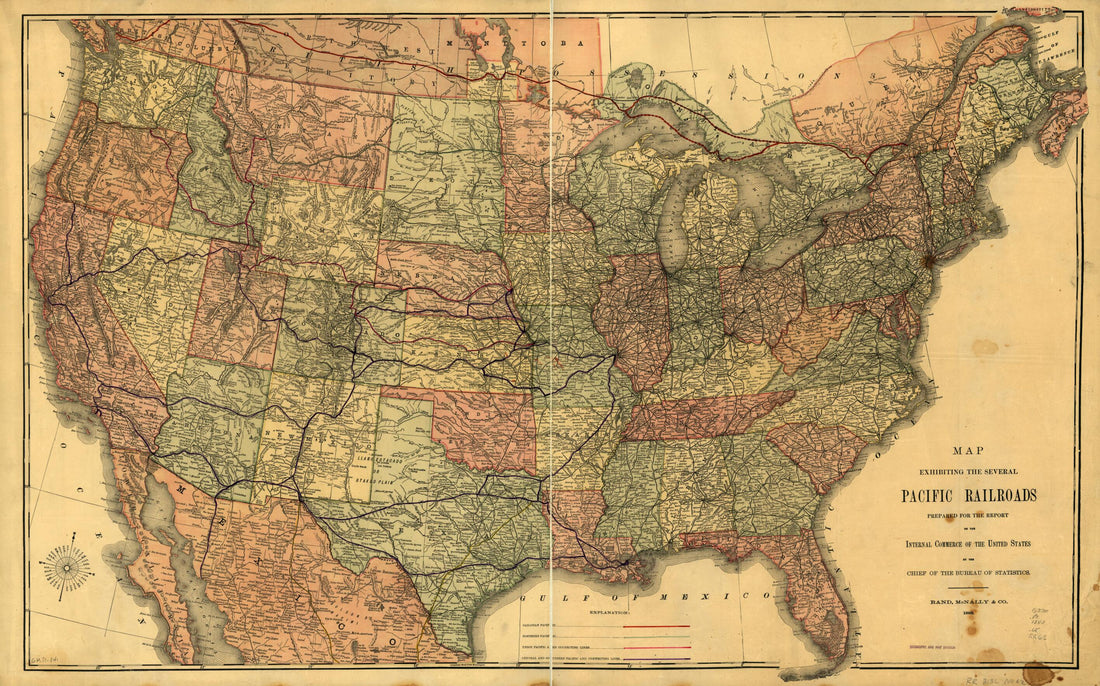 This old map of Map Exhibiting the Several Pacific Railroads from 1883 was created by Rand McNally and Company, United States. Department of Commerce and Labor. Bureau of Statistics in 1883