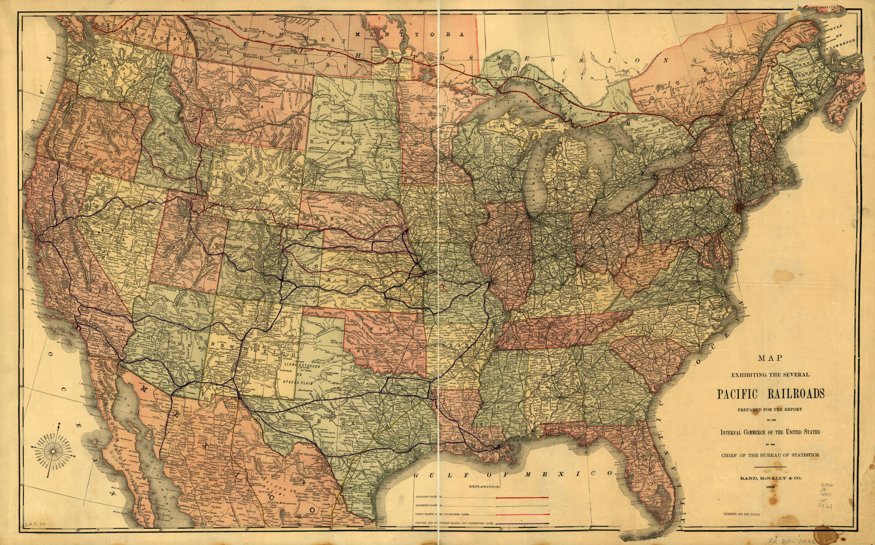This old map of Map Exhibiting the Several Pacific Railroads from 1883 was created by Rand McNally and Company, United States. Department of Commerce and Labor. Bureau of Statistics in 1883