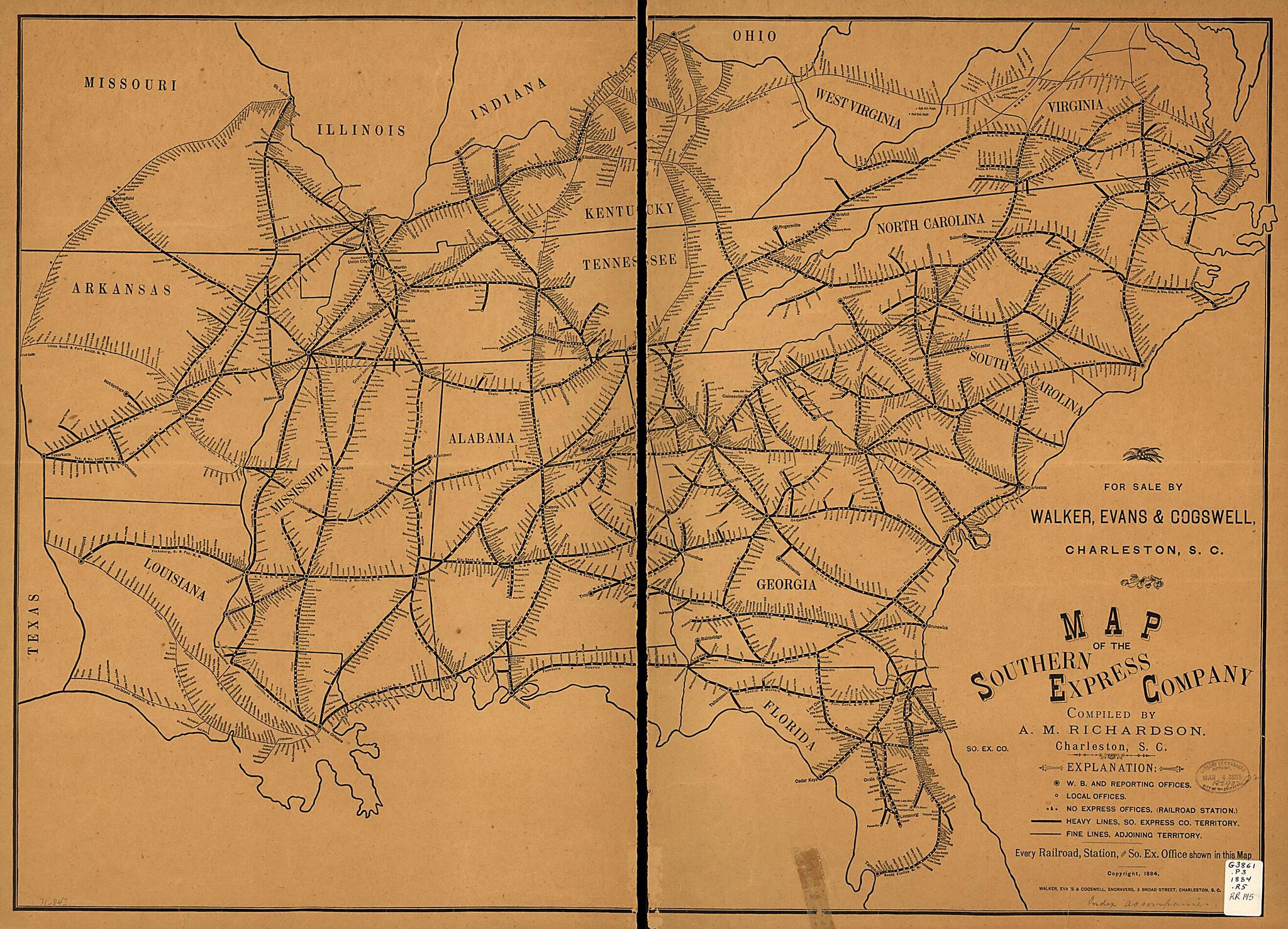 This old map of Map of the Southern Express Company from 1884 was created by Alfred M. Richardson, Evans & Cogswell Walker in 1884