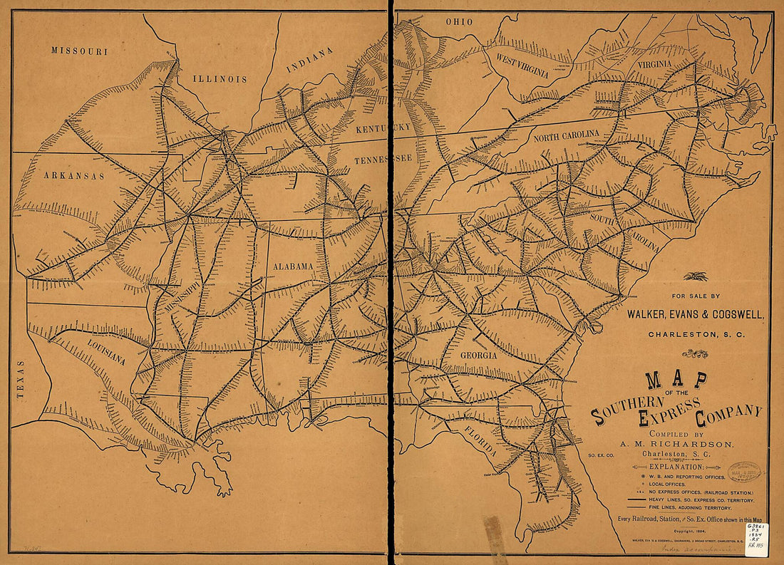This old map of Map of the Southern Express Company from 1884 was created by Alfred M. Richardson, Evans & Cogswell Walker in 1884