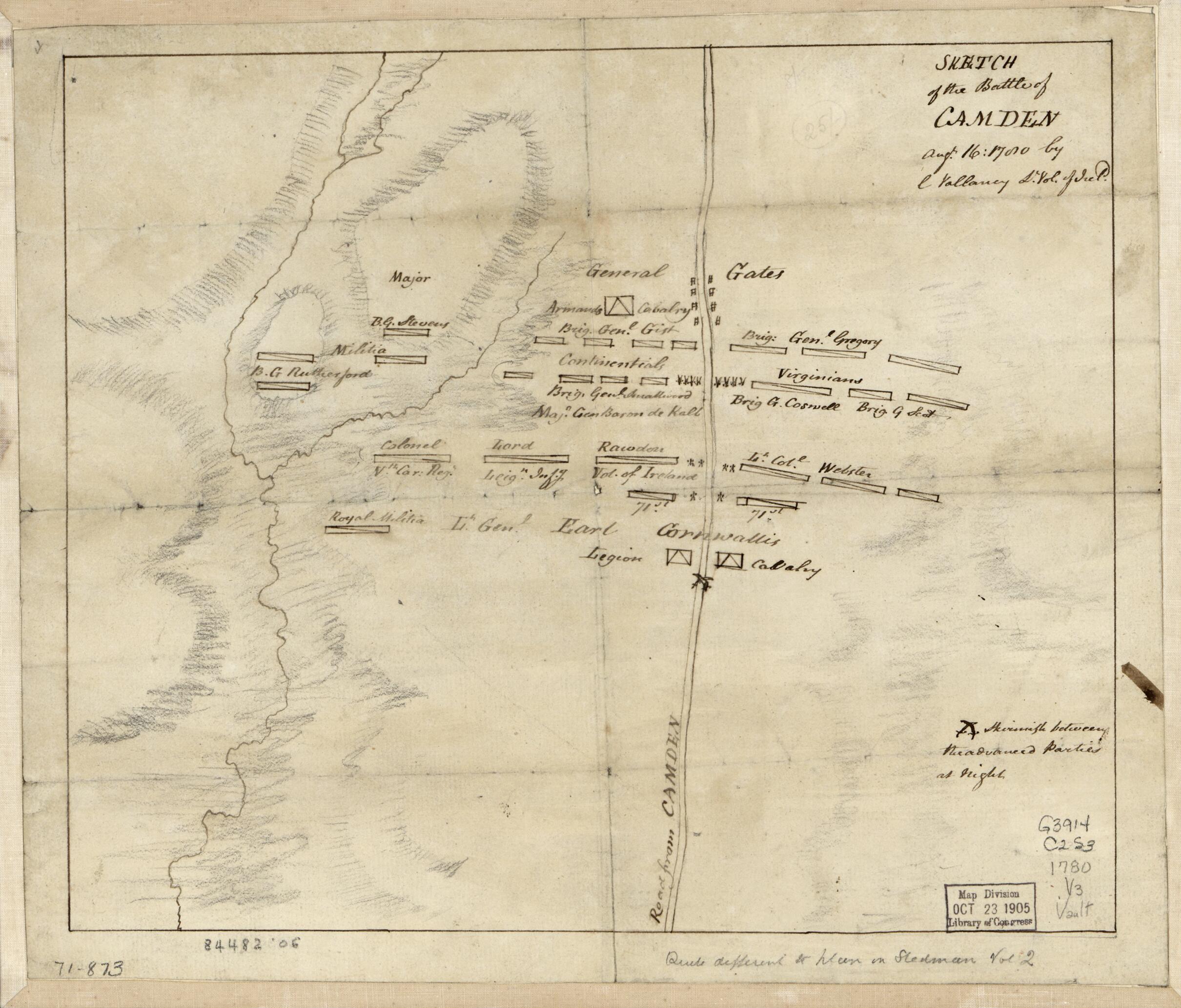This old map of Sketch of the Battle of Camden, Augt. 16, from 1780 was created by Charles Vallancey in 1780