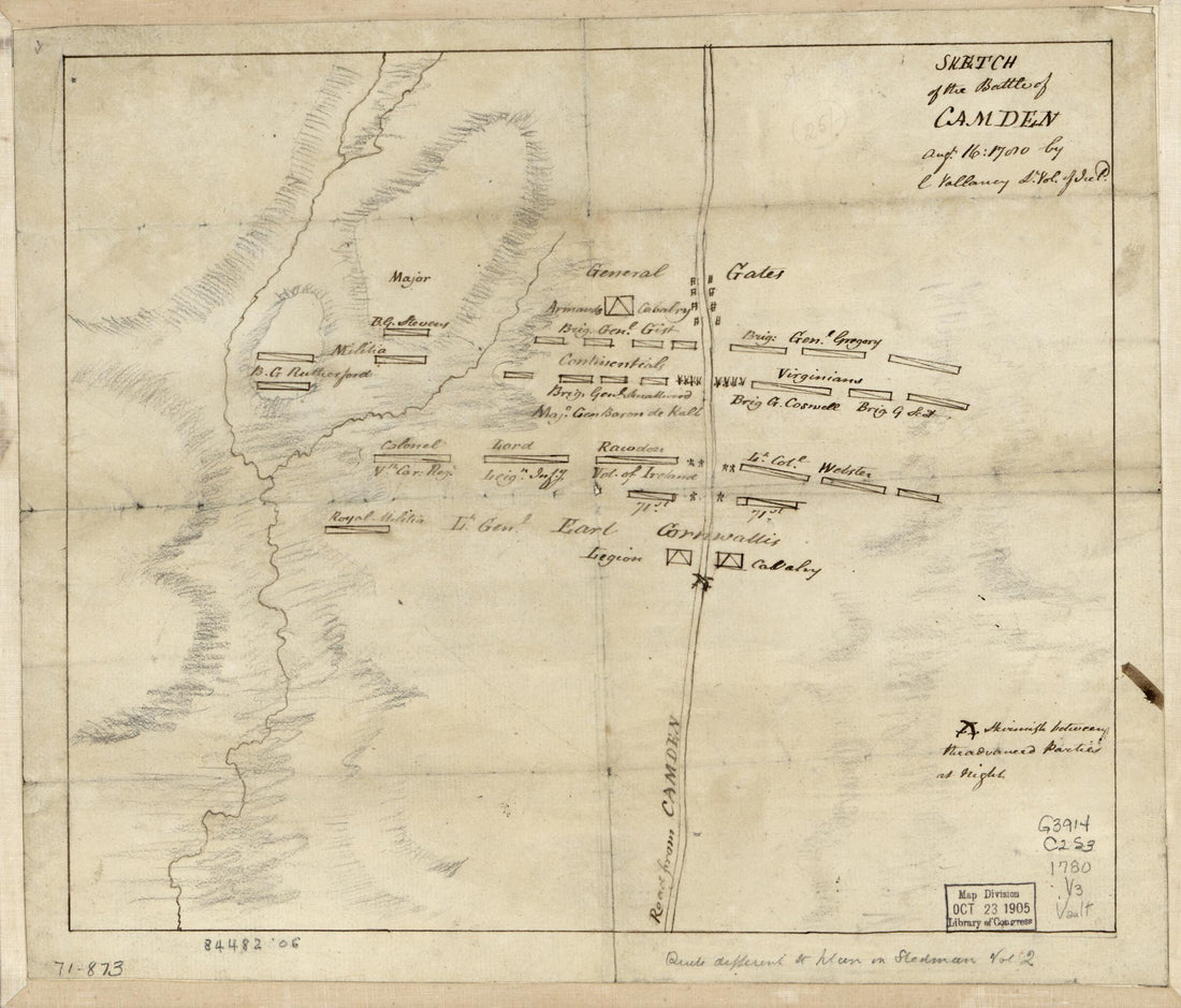 This old map of Sketch of the Battle of Camden, Augt. 16, from 1780 was created by Charles Vallancey in 1780
