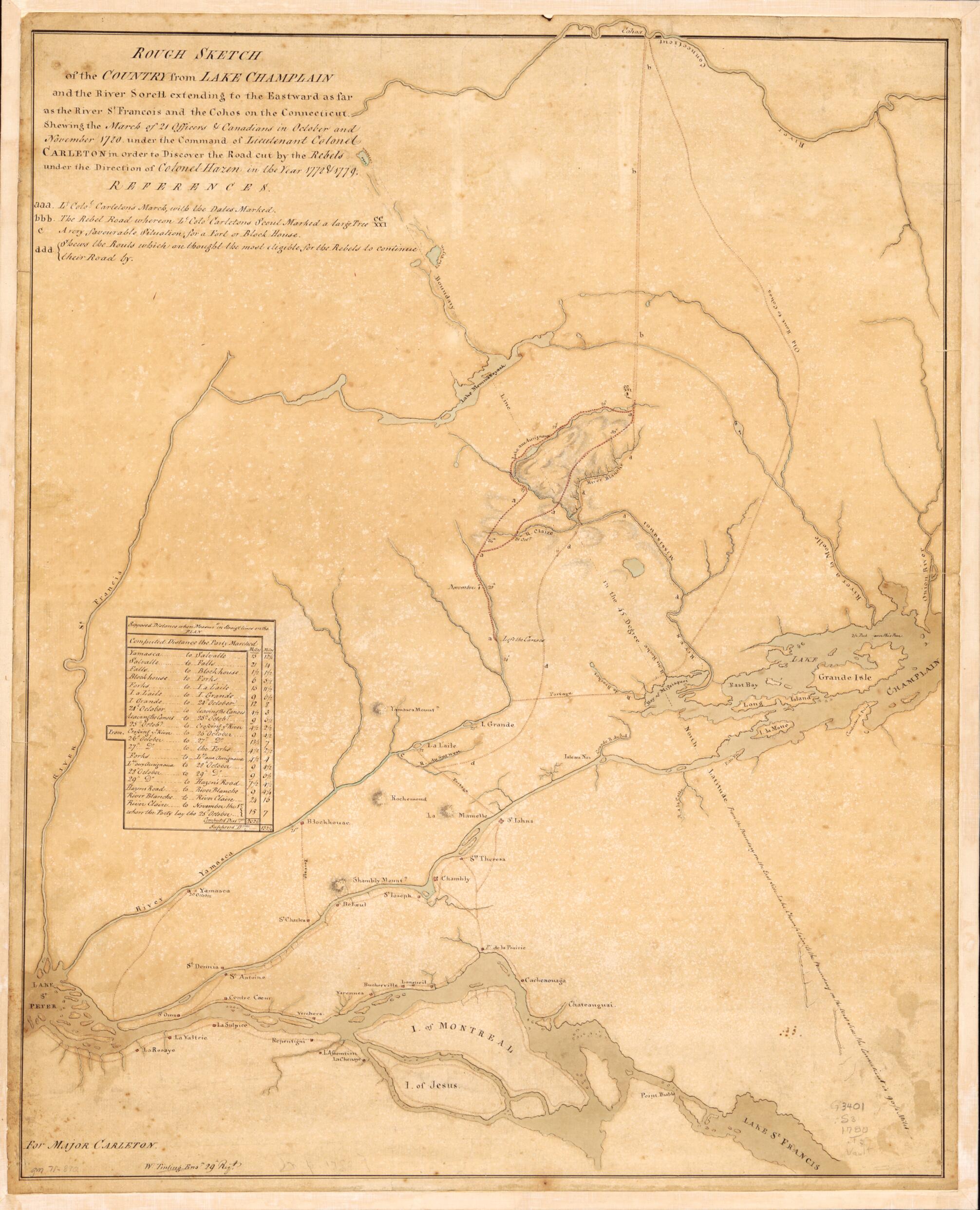 This old map of Rough Sketch of the Country from Lake Champlain and the River Sorell Extending to the Eastward As Far As the River St. Francois and the Cohos On the Connecticut, Shewing the March of 21 Officers & Canadians In October and November from 1780 Under th was created by Thomas Carleton, William Tinling in 1780