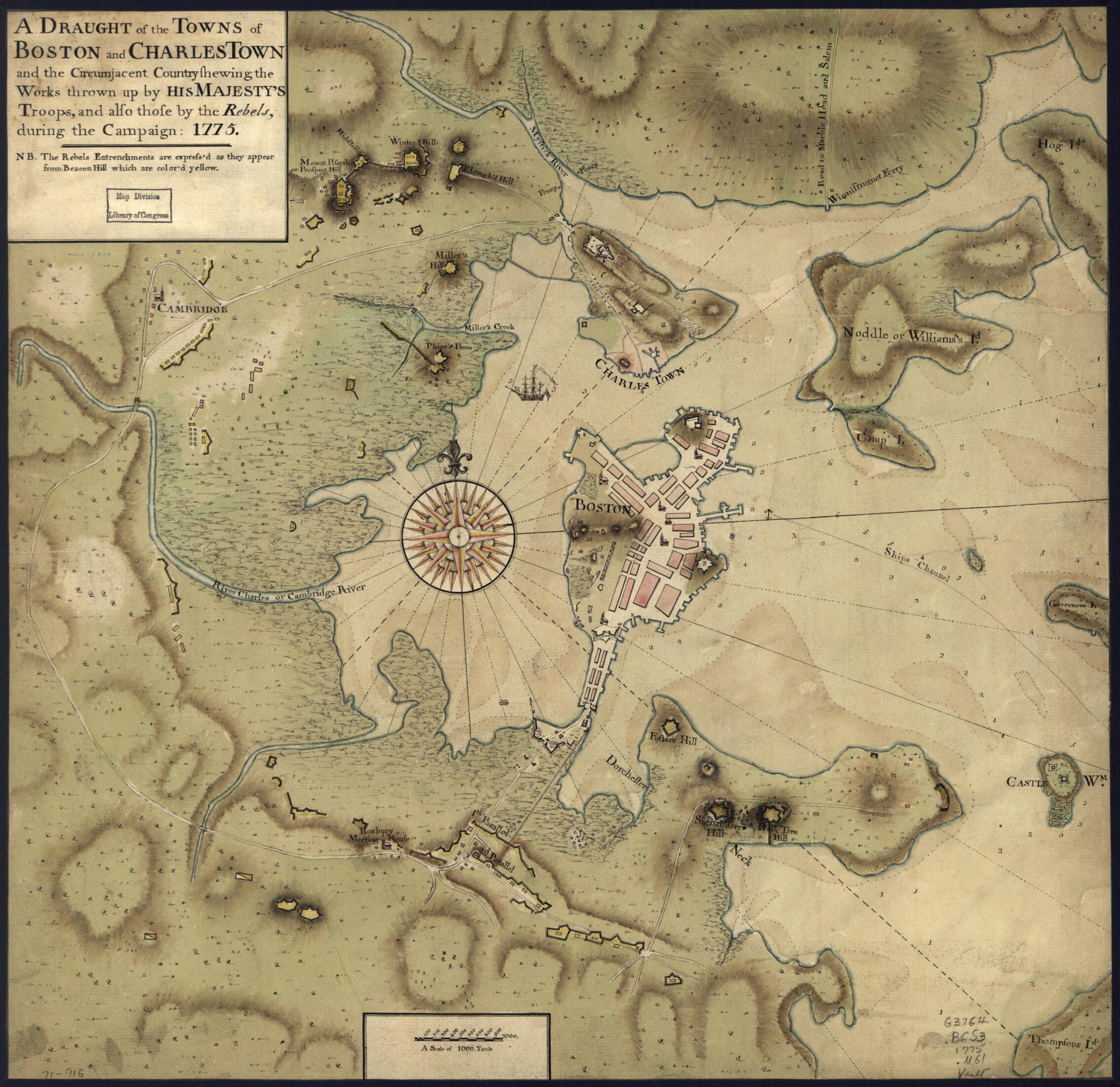 This old map of A Draught of the Towns of Boston and Charles Town and the Circumjacent Country Shewing the Works Thrown Up by His Majesty&