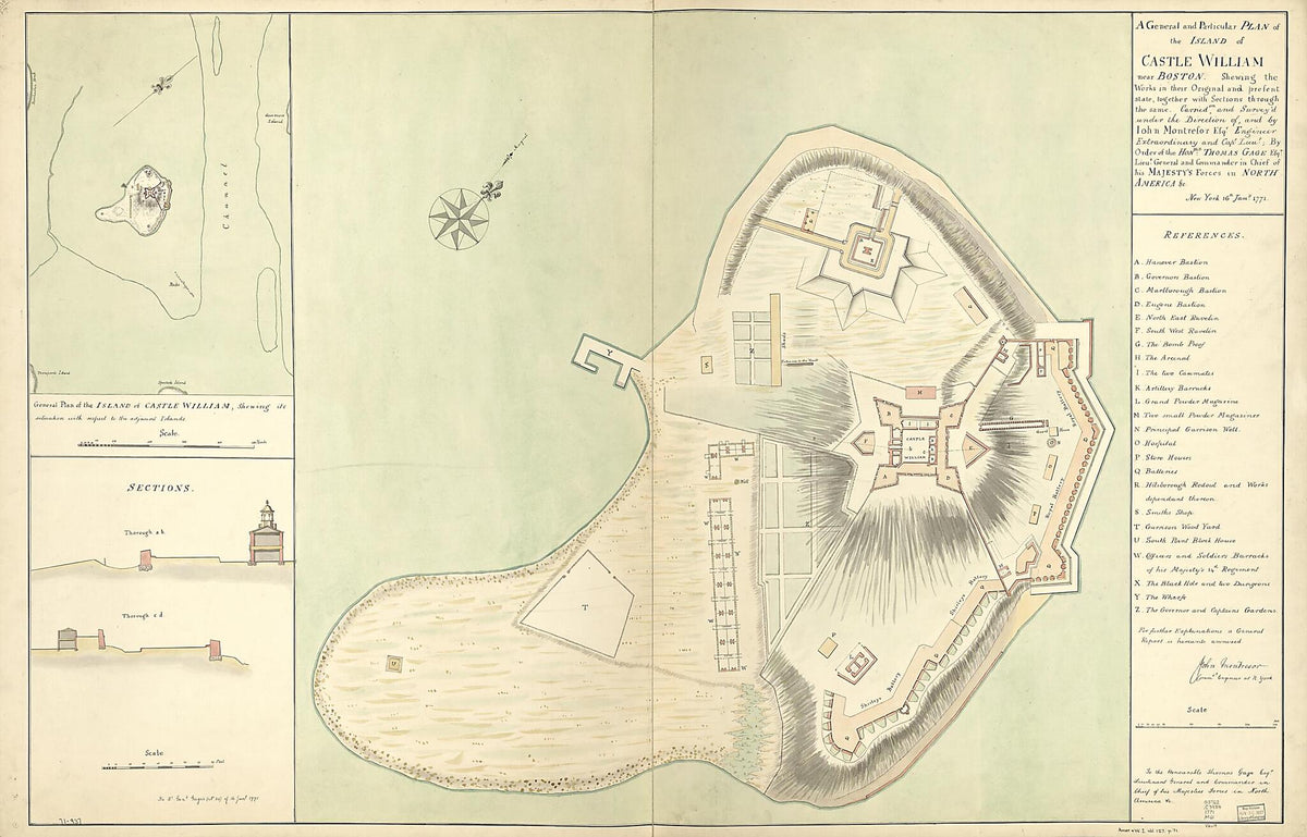 A General and Particular Plan of the Island of Castle William Near Boston. Shewing the Works In Their Original and Present State, Together With Sections Through the Same. Carried On and Survey&
