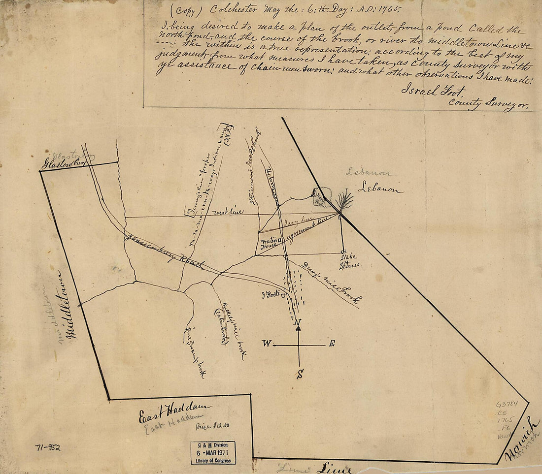 This old map of Colchester, May The: 6:th: Day: A.D.: from 1765 was created by Israel Foot in 1765