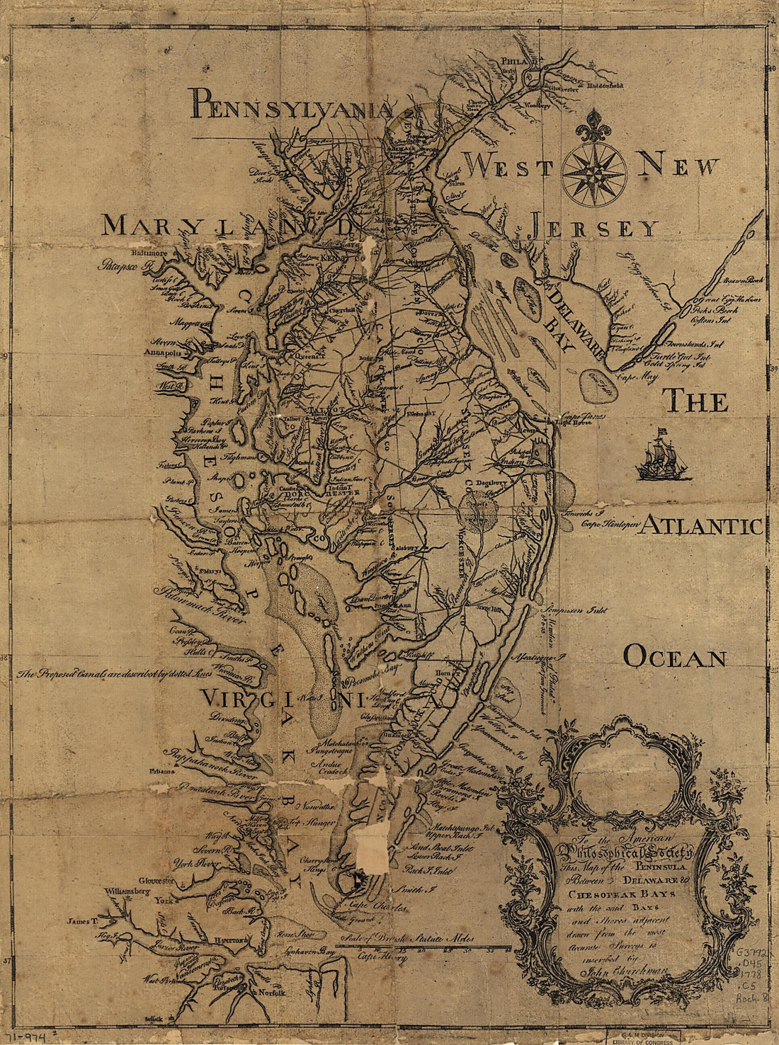 This old map of This Map of the Peninsula Between Delaware & Chesopeak Bays, With the Said Bays and Shores Adjacent Drawn from the Most Accurate Surveys from 1778 was created by American Philosophical Society, John Churchman in 1778