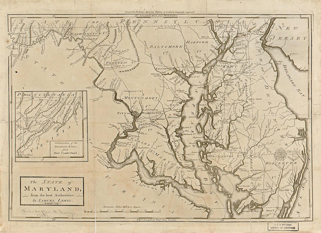 This old map of The State of Maryland from the Best Authorities from 1795 was created by W. (William) Barker, Mathew Carey, William Guthrie, Samuel Lewis in 1795