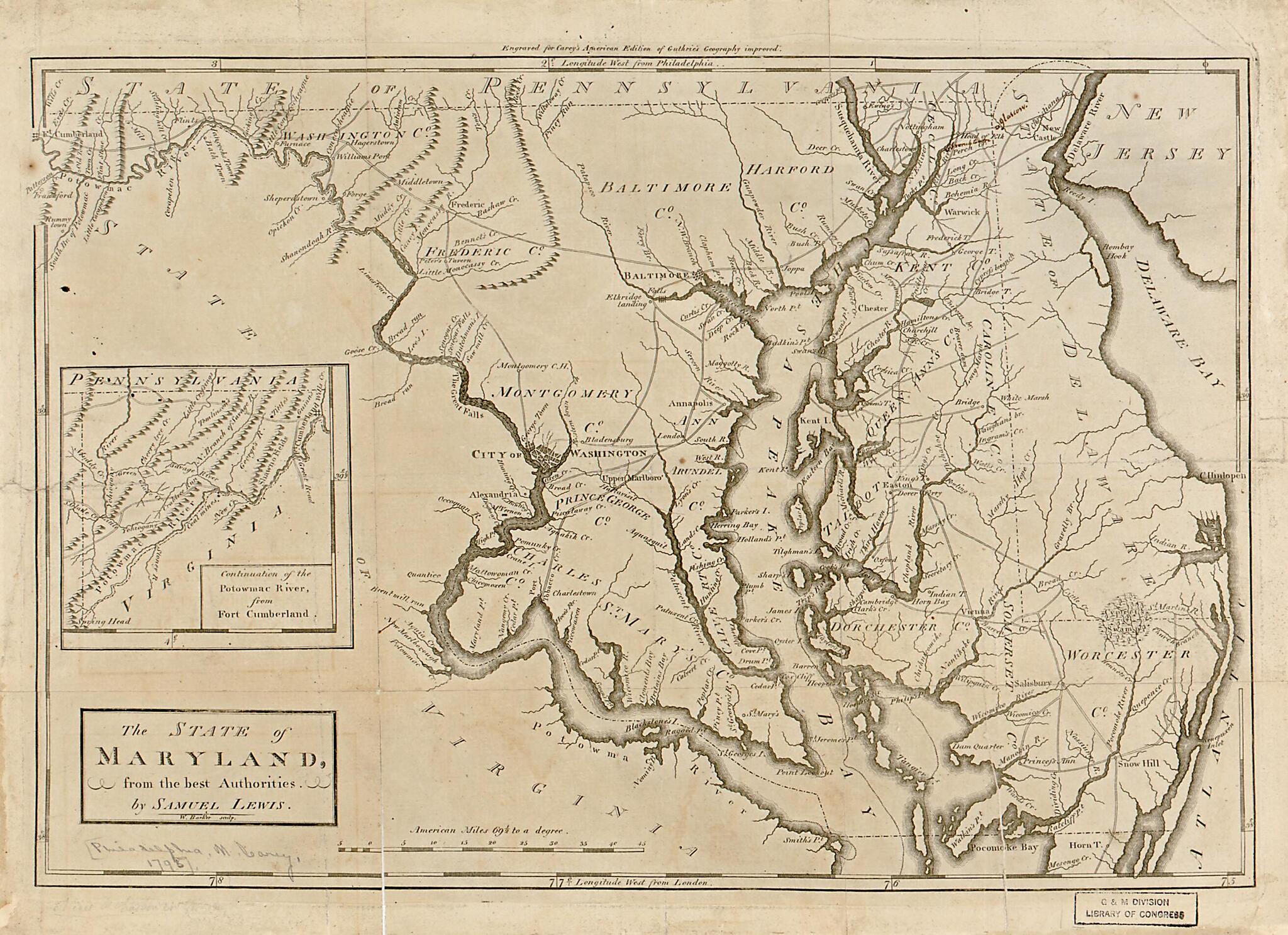 This old map of The State of Maryland from the Best Authorities from 1795 was created by W. (William) Barker, Mathew Carey, William Guthrie, Samuel Lewis in 1795