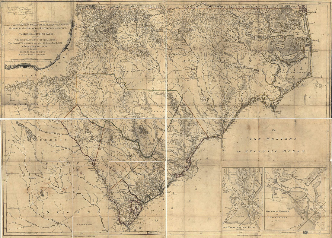 This old map of An Accurate Map of North and South Carolina, With Their Indian Frontier, Shewing In a Distinct Manner All the Mountains, Rivers, Swamps, Marshes, Bays, Creeks, Harbours, Sandbanks and Soundings On the Coasts; With the Roads and Indian Pat
